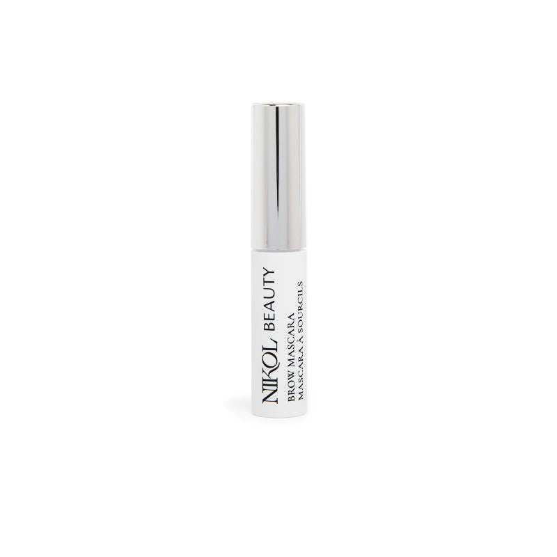 The Shopgalaxys Brow Mascara, in a white tube with a silver cap, stands upright on a plain white background. Shopgalaxys BROW MASCARA is printed in black, promising defined eyebrows with its sleek and minimalistic design.