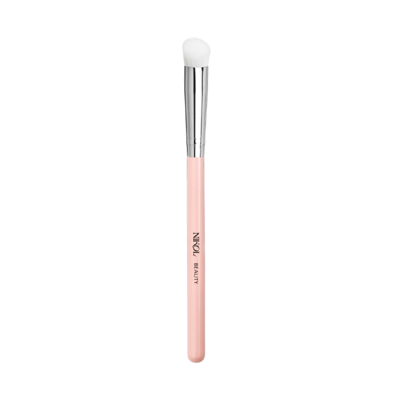 A cruelty-free Shopgalaxys Concealer Brush featuring a soft, rounded white bristle head, shiny silver ferrule, and light pink handle—ideal for flawless coverage.