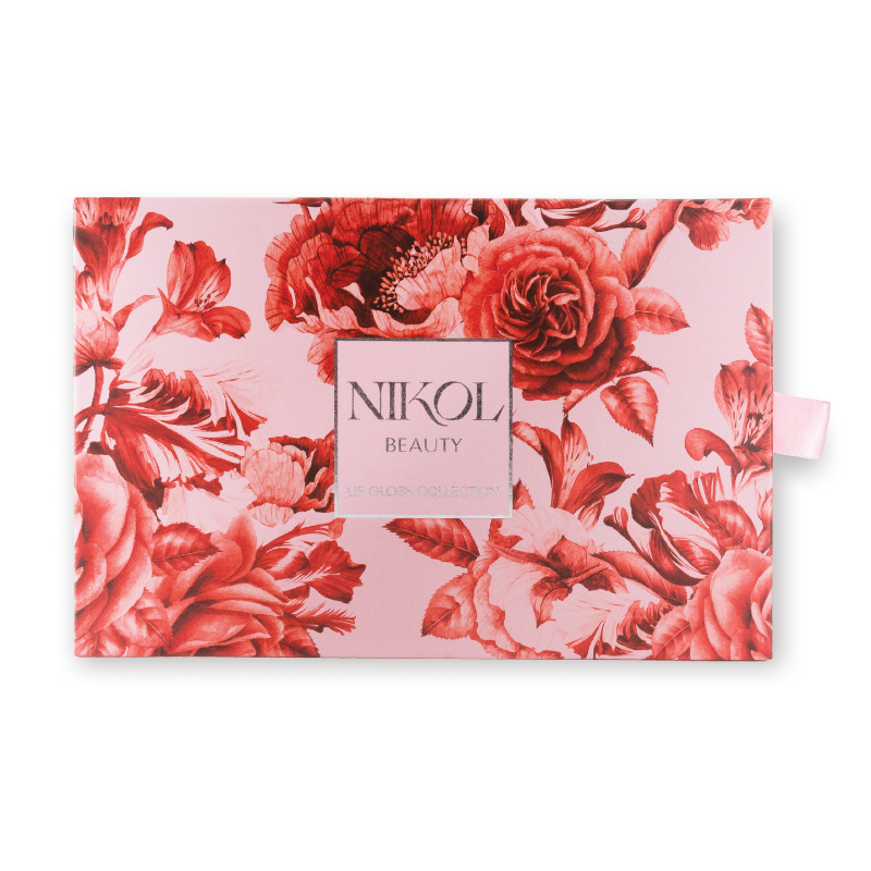 The Shopgalaxys Lip Gloss Collection comes in a luxury gift box with a dazzling pink and red floral pattern featuring elegant roses. Inside is a volumizing lip gloss set, and a convenient pull tab on the right completes its charm.