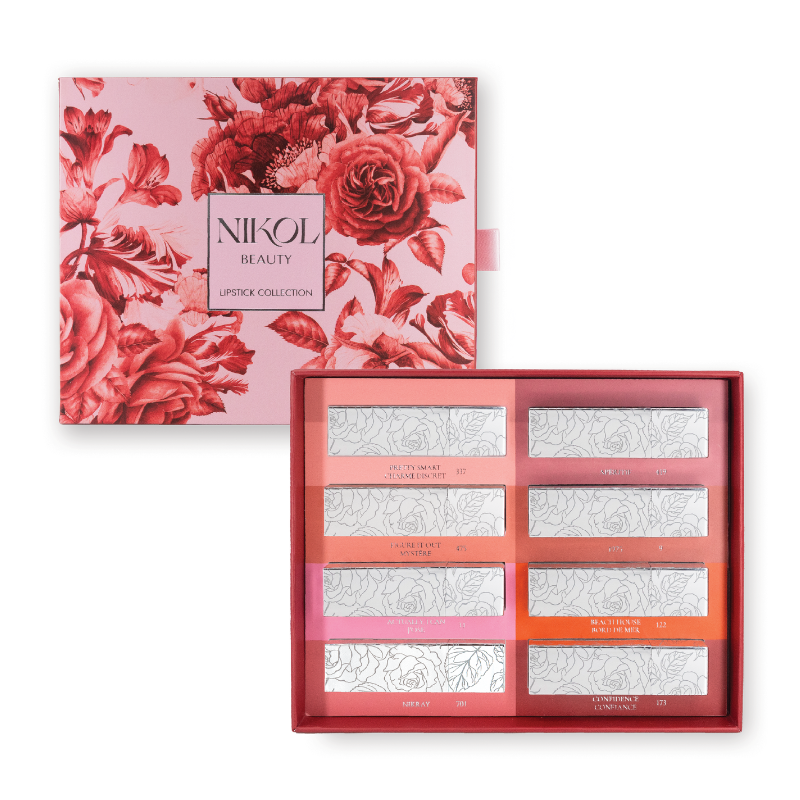 Explore the Limited-Edition Lipstick Collection by Shopgalaxys, featuring eight floral-themed lipsticks in metallic tubes with floral designs, all encased in an outer box with red and pink flowers on a soft pink background.