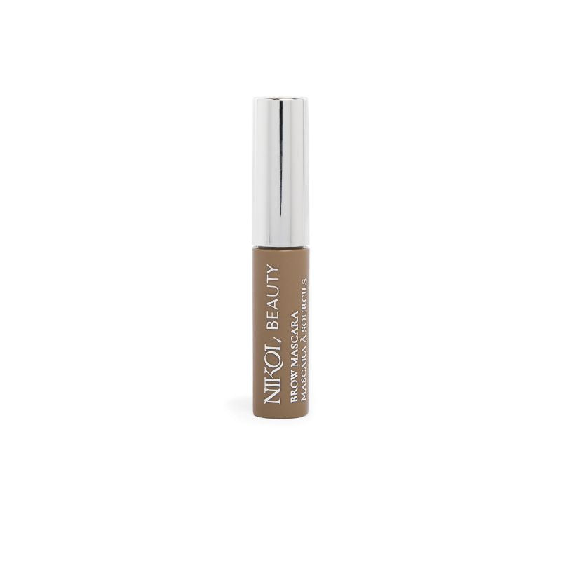 A small Shopgalaxys Brow Mascara features a silver cap and brown label with brand name and description. Known for high pigment, it defines eyebrows. The tube stands upright on a plain white background.