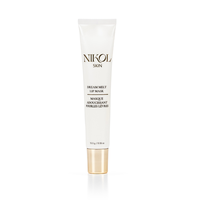 A white tube of Shopgalaxys Dream Melt Lip Mask with gold accents and text stands upright on a plain white background, providing deep hydration for lips.