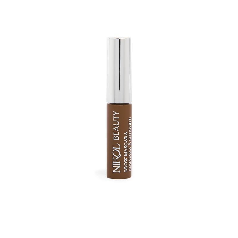 Nikol Beautys Brow Mascara features a high-pigment formula for defined brows, housed in an elegant brown tube labeled in crisp white text. The sleek, cylindrical design is adorned with a shiny silver cap, set against a plain white background.