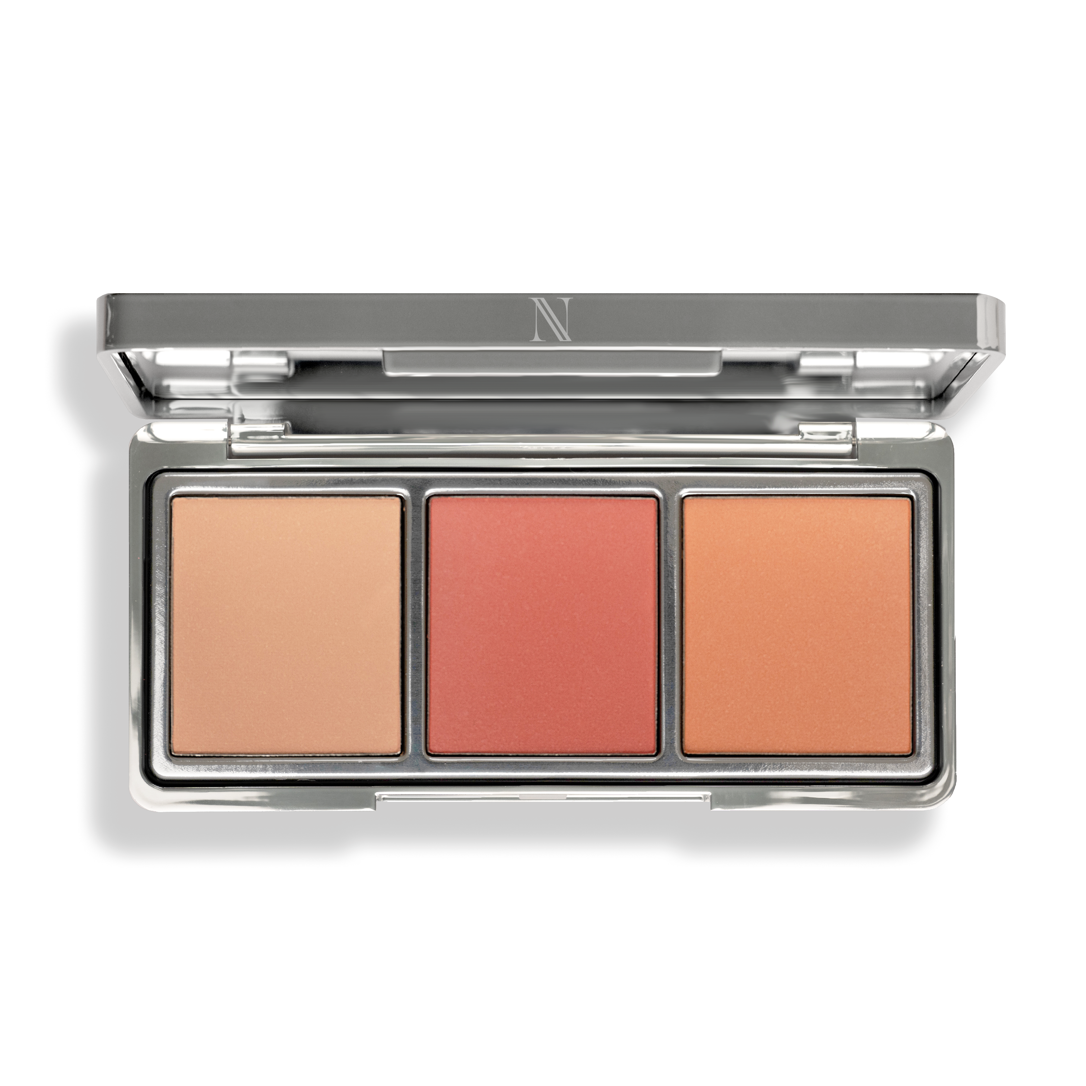 Discover the sleek silver After Glow Blush Palette by Shopgalaxys, featuring three rectangular pans in peach, coral, and orange shades. Crafted with natural ingredients, it imparts a luminous finish for a radiant glow.