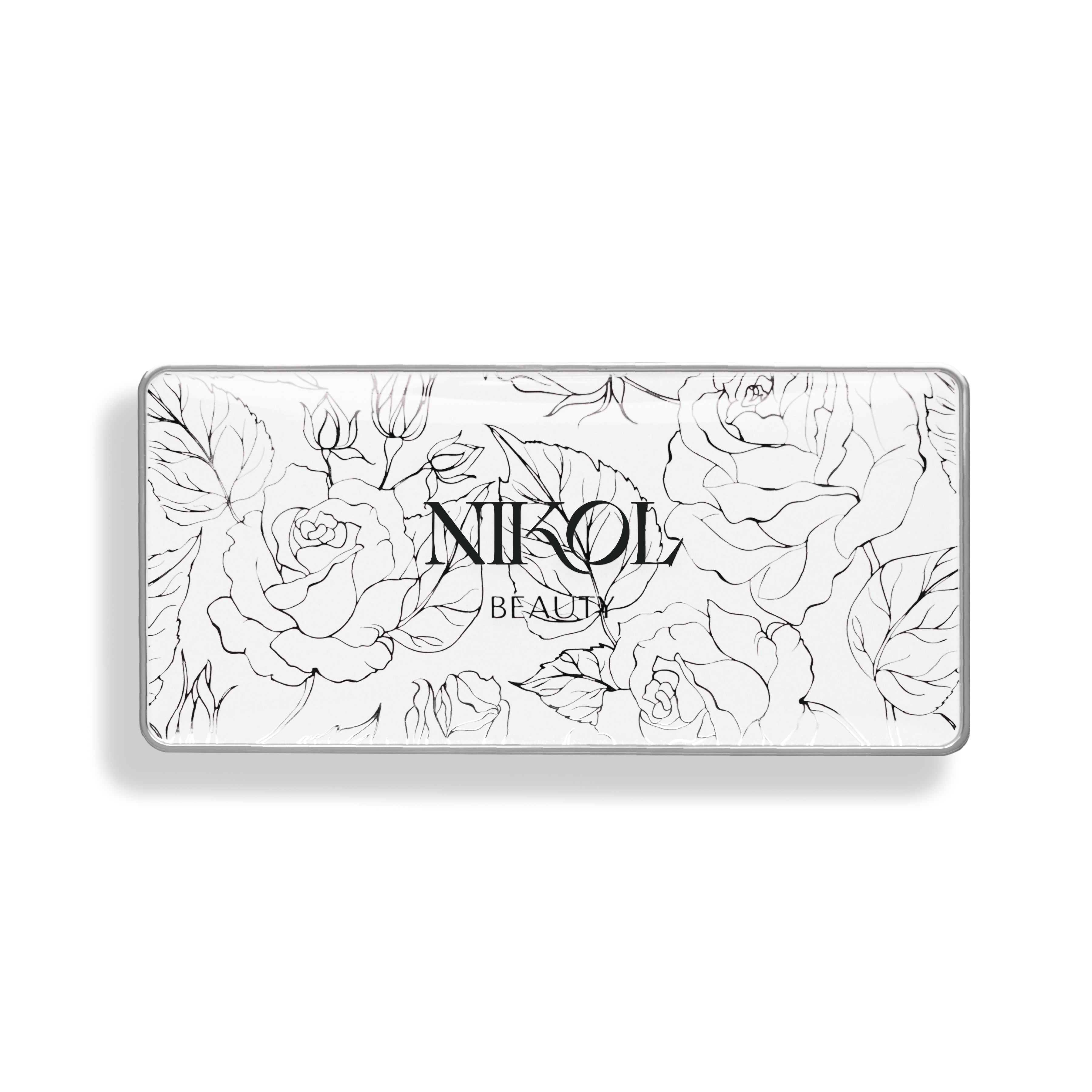 A white rectangular box with Shopgalaxys encases the In Full Bloom Blush Palette. It features black line drawings of roses and leaves against a black background, promising a luminous finish from its natural ingredients.
