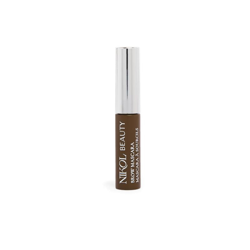 A small tube of Shopgalaxyss Brow Mascara with a shiny silver cap and brown label offers high pigment for defined eyebrows. The text reads Shopgalaxys Brow Mascara - Mascara à Sourcils, standing upright against a plain white background, ready to enhance your brows.