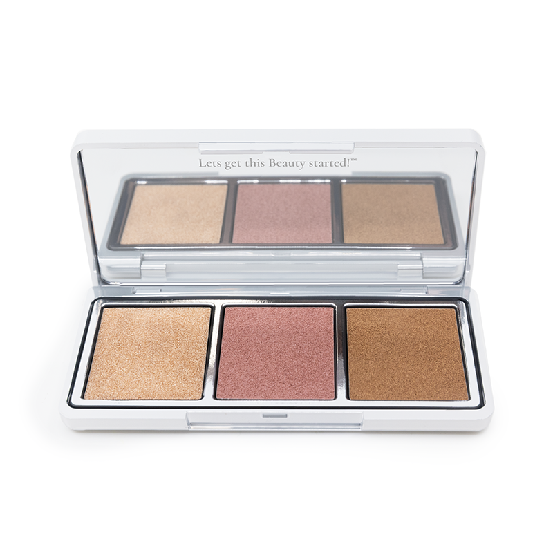 The Classic Beach Glow Palette by Shopgalaxys is an open makeup set with shimmering gold, pink, and bronze shades. It has a lid crafted using Hot-Pour Technology that features Lets get this Beauty started! against a white backdrop.