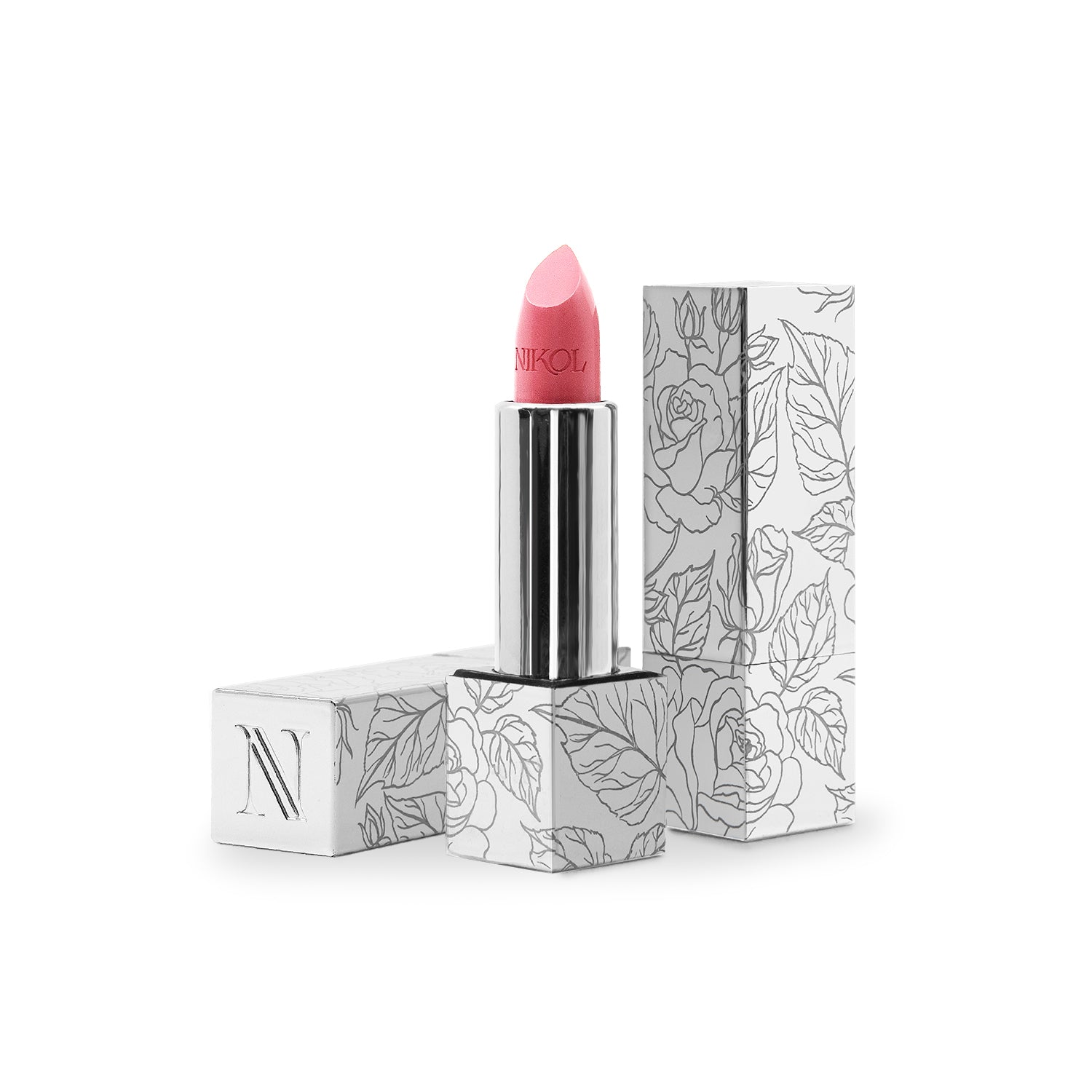 The Shopgalaxys Actually, I Can Shiny Velvet Cream Lipstick #33 in pink stands upright beside its cap and packaging, decorated with elegant black floral designs on a white background. The box displays the letter N, showcasing the ultra-creamy, hydrating formula.