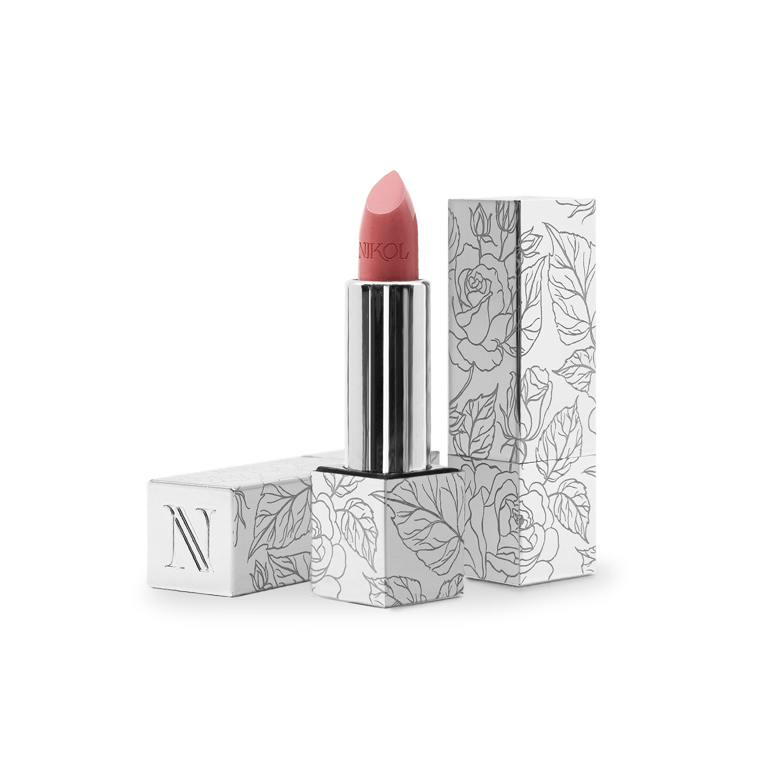 The Shopgalaxys Aperitif Shiny Velvet Cream Lipstick #419, in a sleek silver tube with its cap beside it, displays an N on the package. Both the cap and packaging have intricate black floral designs on white, emphasizing its hydrating formula ideal for mature lips.