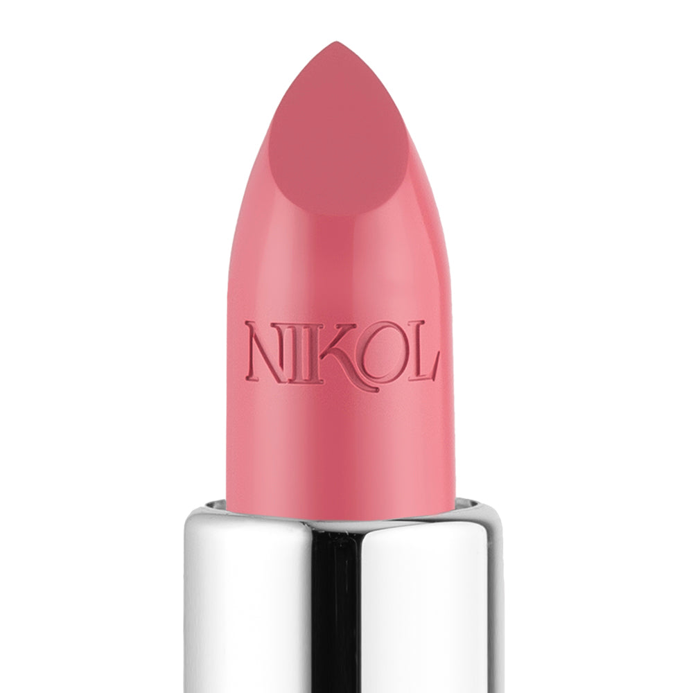 A close-up of Shopgalaxyss Actually, I Can Shiny Velvet Cream Lipstick #33 in pink, set in a shiny silver tube. The vegan formula boasts an ultra-creamy texture with a smooth, rounded tip embossed with the brand name, ready for application.