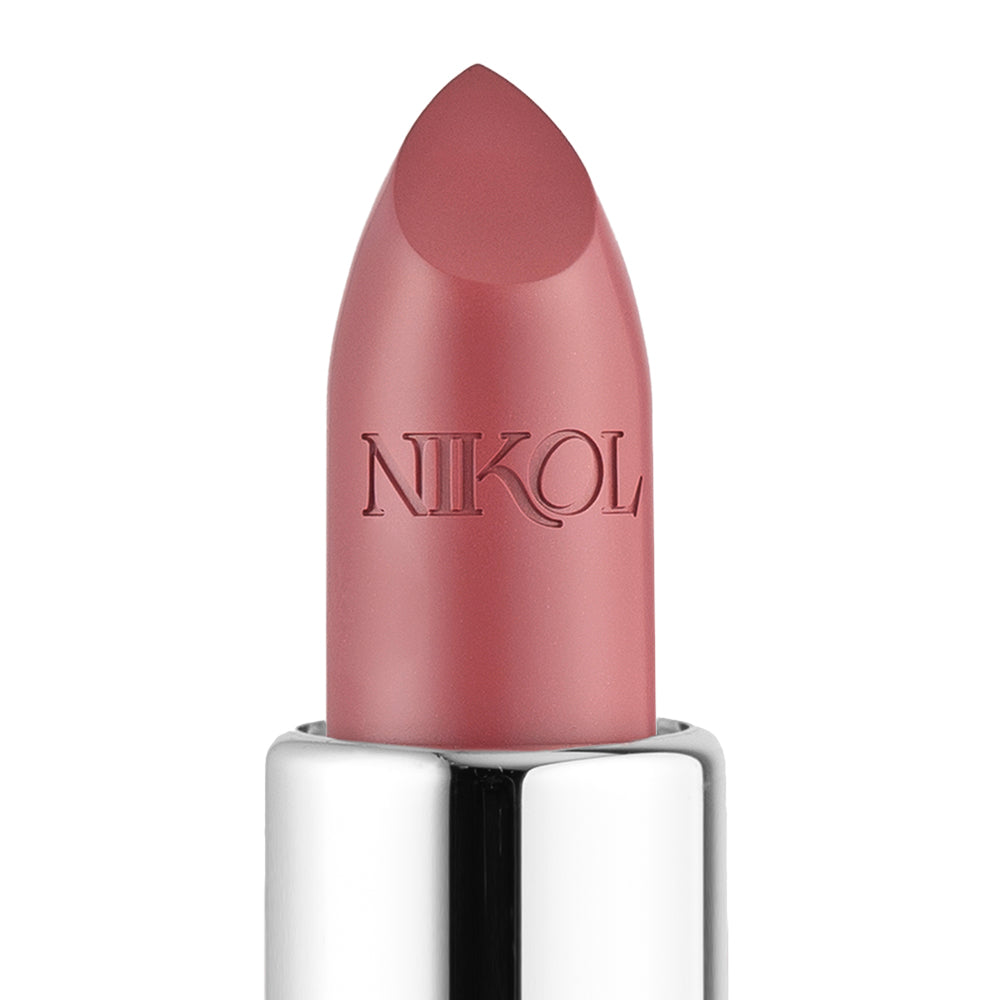 Close-up of Shopgalaxyss Aperitif Shiny Velvet Cream Lipstick #419 in pink, featuring a pointed tip ideal for mature lips. The cruelty-free lipstick has a shiny silver base with NIKOL engraved on it, set against a white background.