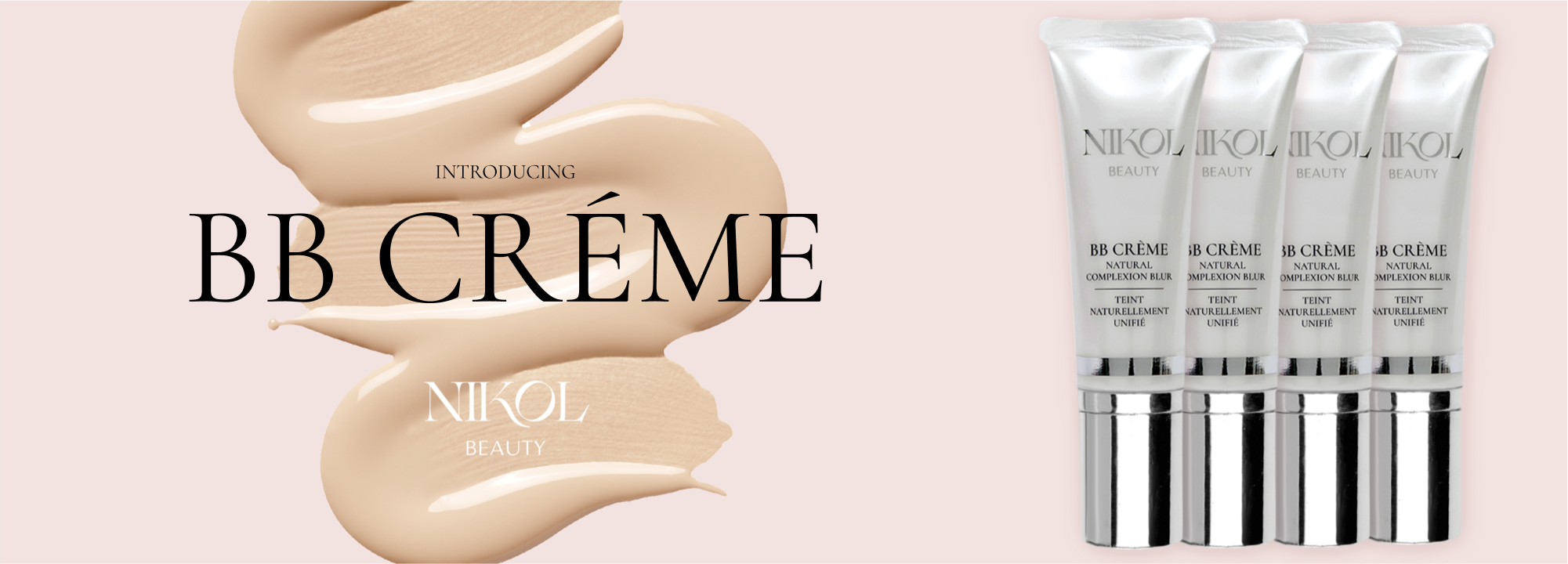 Four tubes of Shopgalaxys BB Crème stand upright on the right, with beige cream swatches and bold text reading Introducing BB CRÈME on the left, all set against a light background.