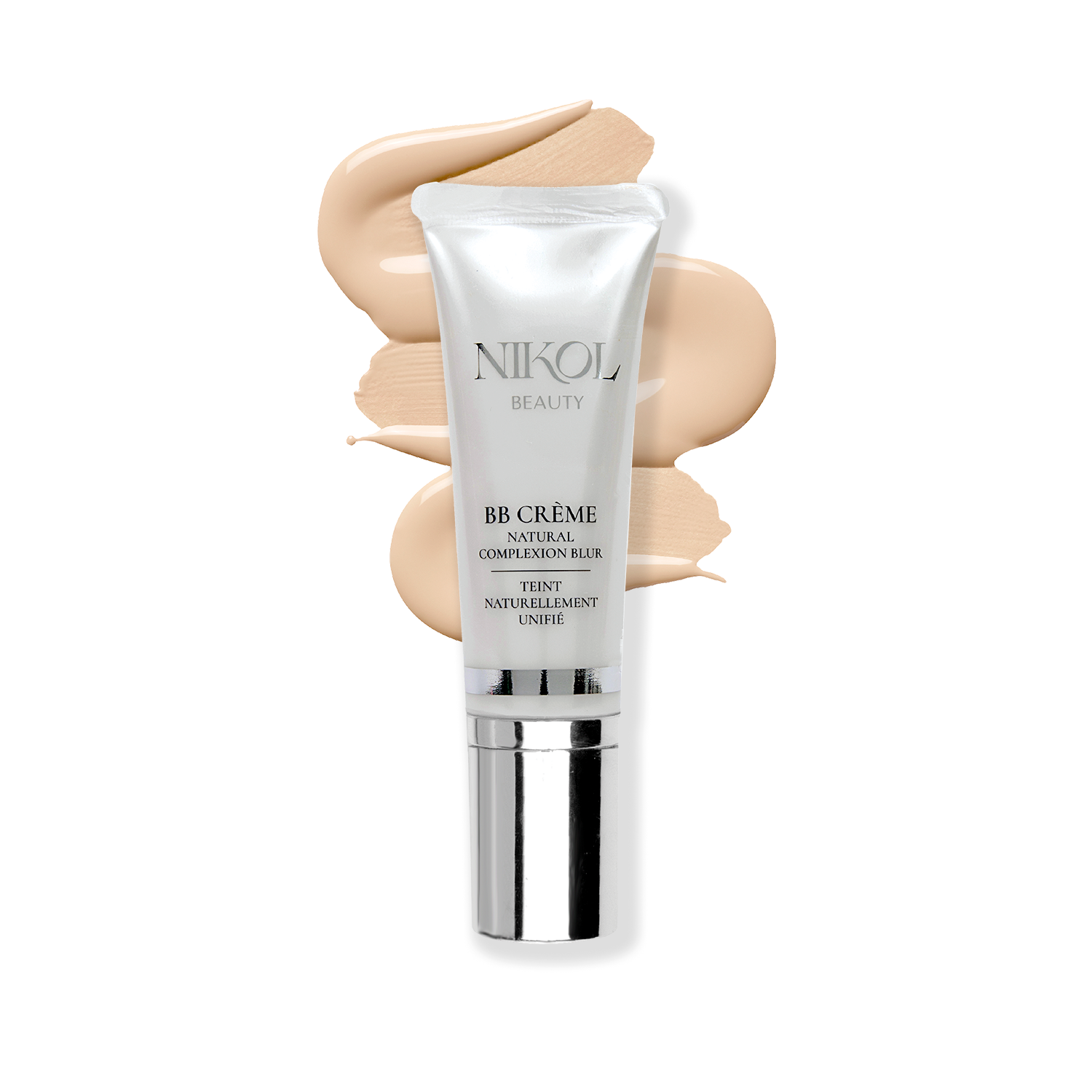 A sleek silver tube of Shopgalaxys BB Crème, infused with Kakadu Plum, sits against beige cream swatches. The packaging features black text stating Natural Complexion Blur and Teint Naturellement Unifié.