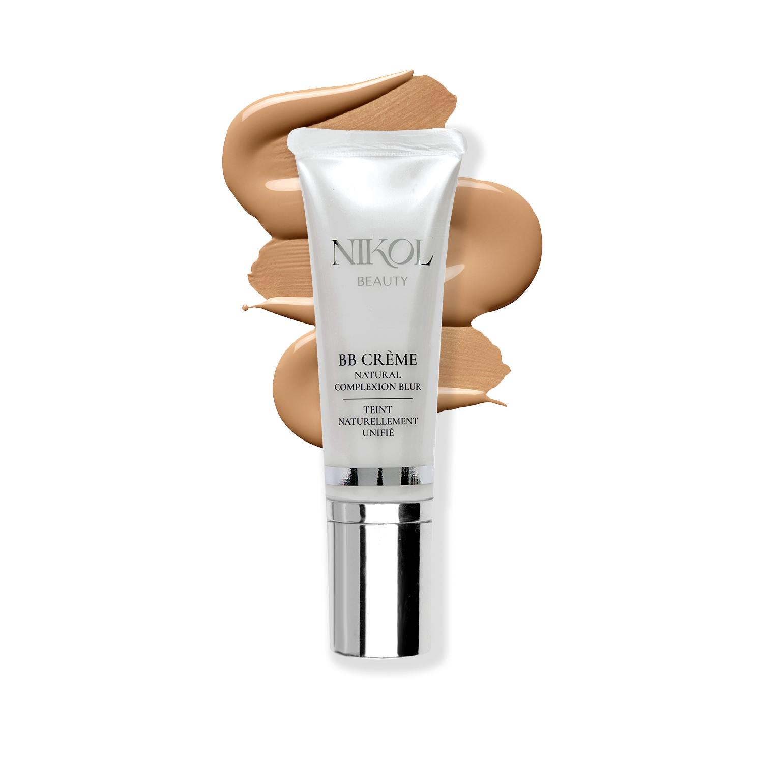 A tube of Shopgalaxyss BB CRÈME, enriched with hyaluronic acid, is showcased against smooth beige makeup strokes, emphasizing its creamy texture and natural blending. The sleek silver and white packaging enhances its elegance.