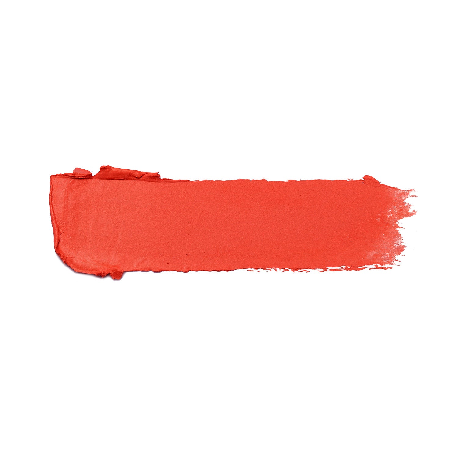 A bold, horizontal smear of Beach House Shiny Velvet Cream Lipstick #122 by Shopgalaxys, in a bright coral-orange shade with a creamy texture and uneven edges on white background, enriched with nourishing shea butter for added moisture.