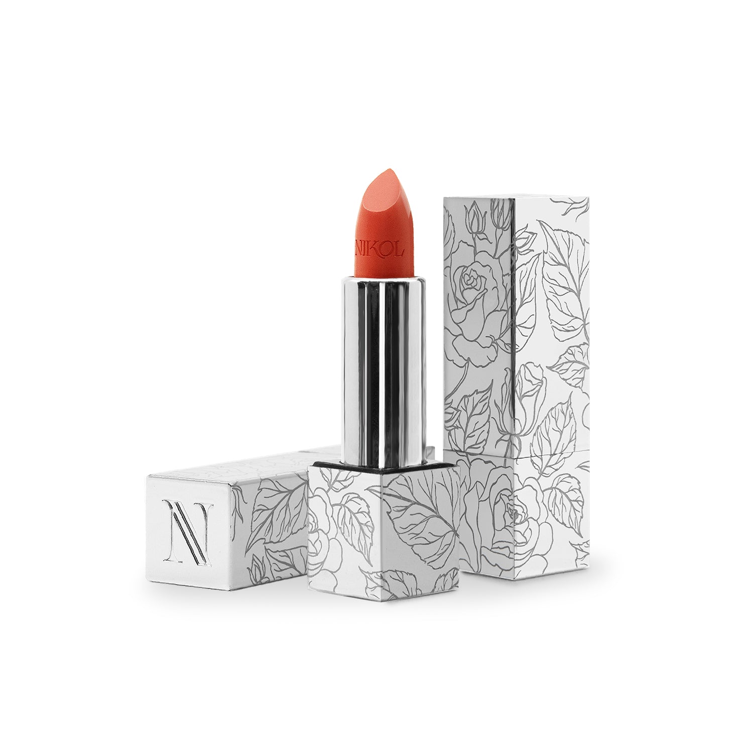 The Beach House Shiny Velvet Cream Lipstick #122 from Shopgalaxys, in an orange shade, is shown upright without its cap. The black and white floral packaging, adorned with an N, contains shea butter to ensure vibrant color and nourishing hydration.