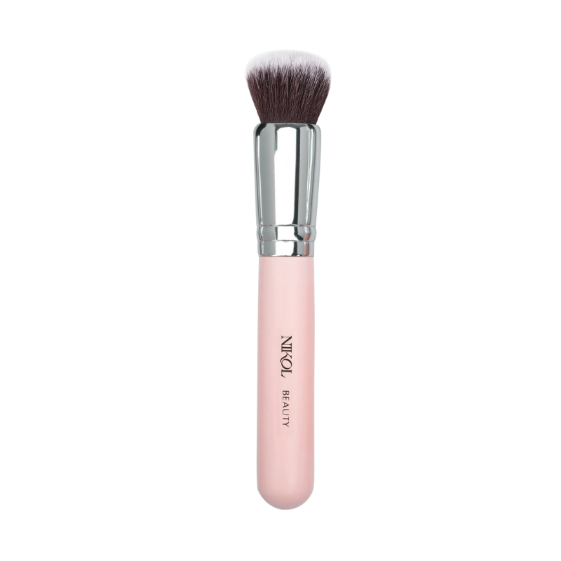 The Foundation Buffing Brush by Shopgalaxys, featuring a stylish pink handle and silver ferrule, offers dense, soft bristles for flawless foundation application. Displayed on a white background, it combines both functionality and elegance.