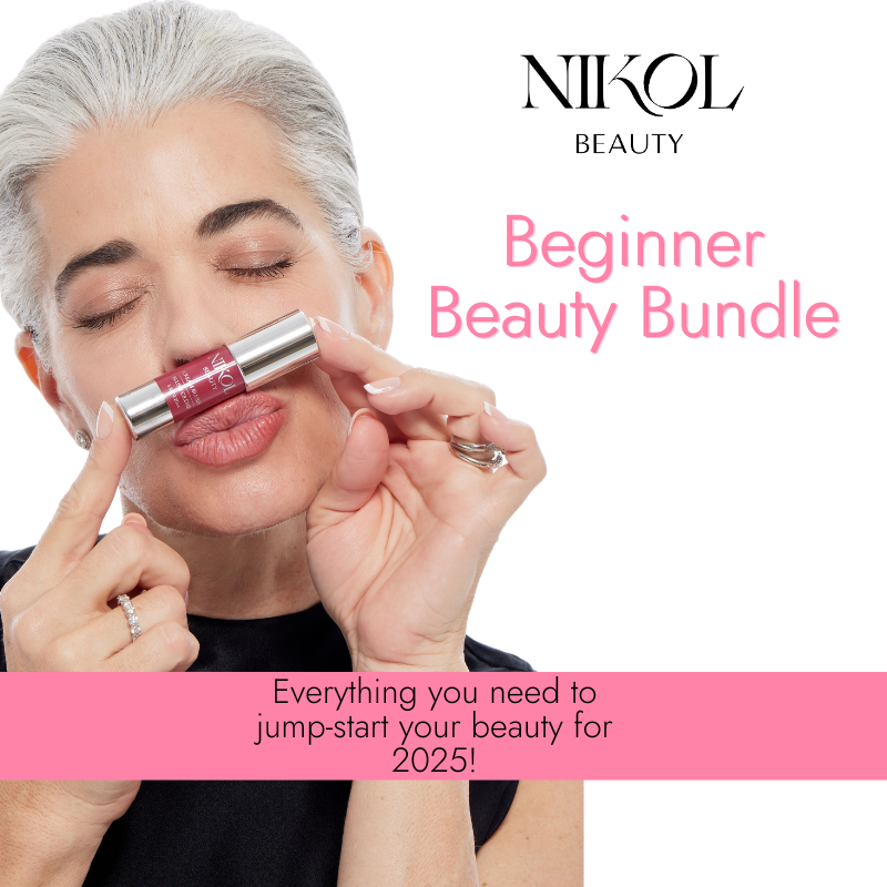 A short-haired woman joyfully kisses a lipstick, showcasing the Beginner Beauty Bundle by Shopgalaxys—your 2025 makeup starter kit with all essentials!.
