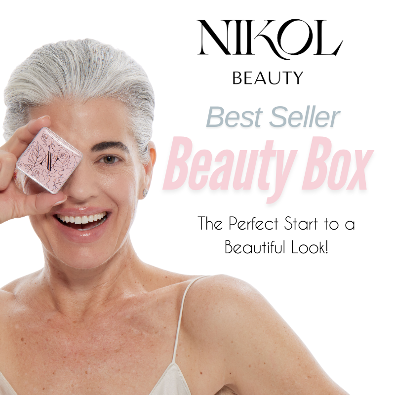 An older woman with short gray hair smiles, holding a small beauty product near her eye. Text reads Shopgalaxyss Best Seller Beauty Bundle: The Perfect Start to a Natural Look! Shes wearing a light spaghetti strap top.