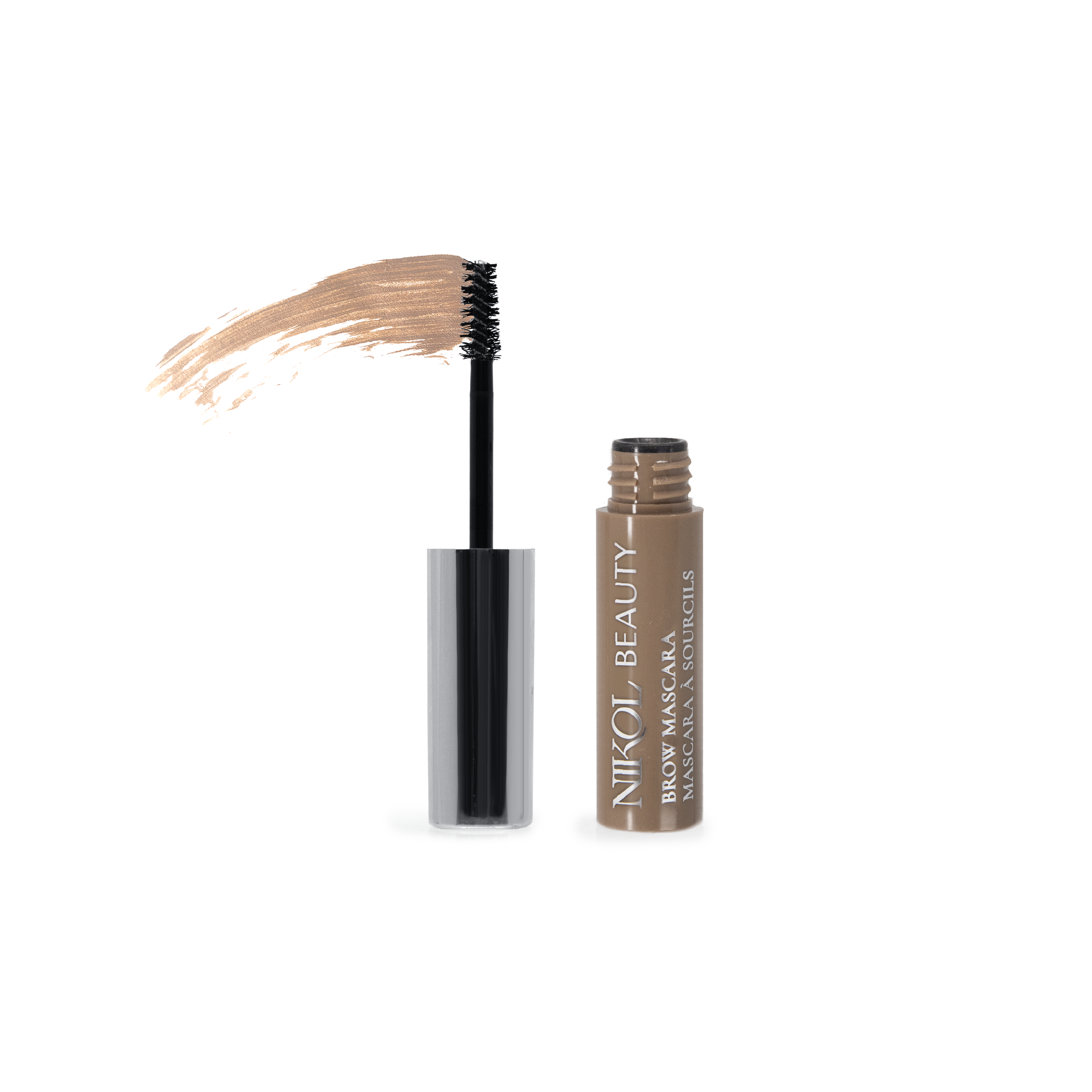 A tube of Shopgalaxyss Brow Mascara, featuring high pigmentation, is open on a plain background. The brush, coated with light brown mascara, lies beside it. A smear shows the color and texture ideal for defining eyebrows.