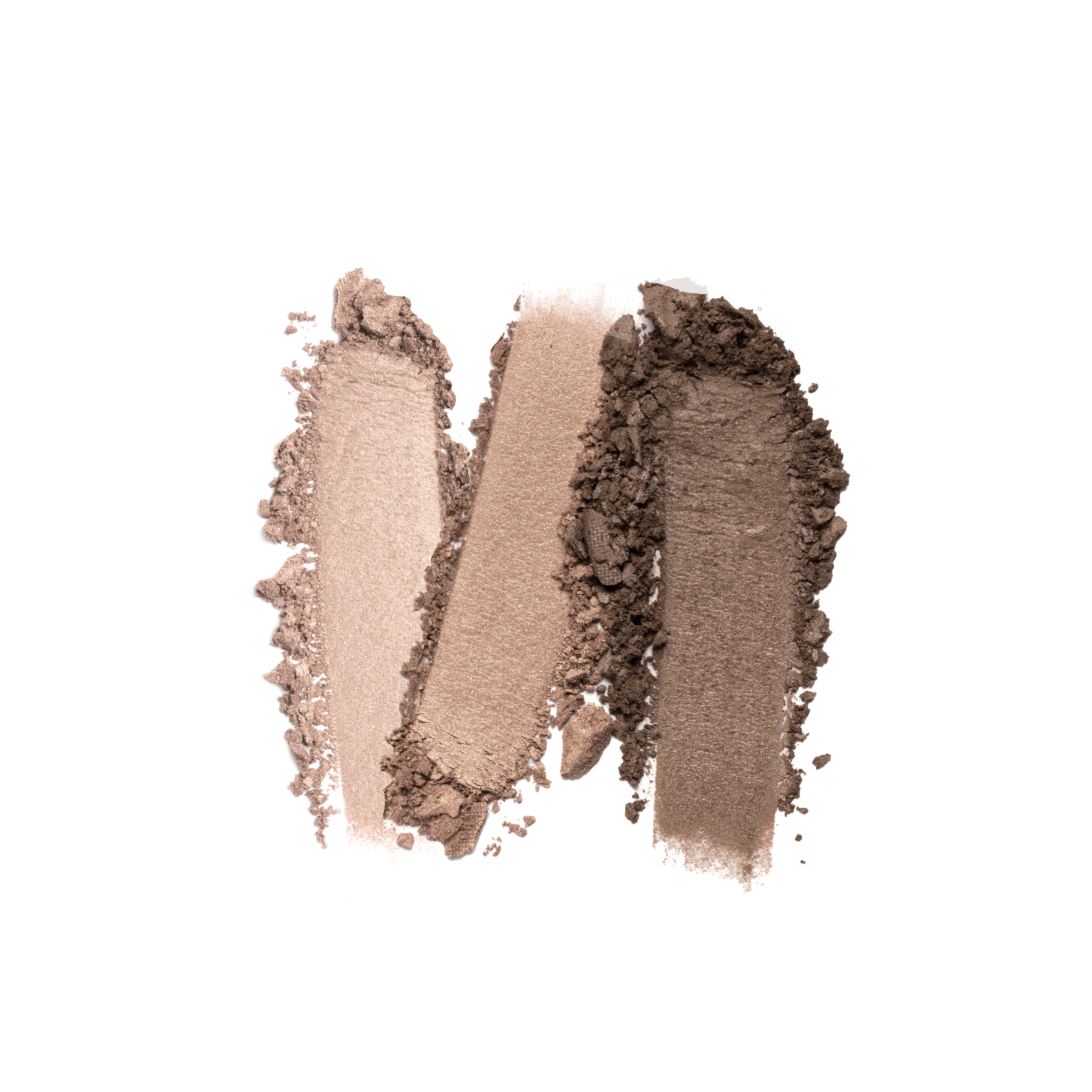Three overlapping swatches of brown makeup powder in light to dark shades are smeared on a white background, showcasing the texture and pigmentation of Shopgalaxyss Le Bottled Blonde 3-Well Eyeshadow Palette, a clean beauty must-have with a vegan formula for a guilt-free glow.