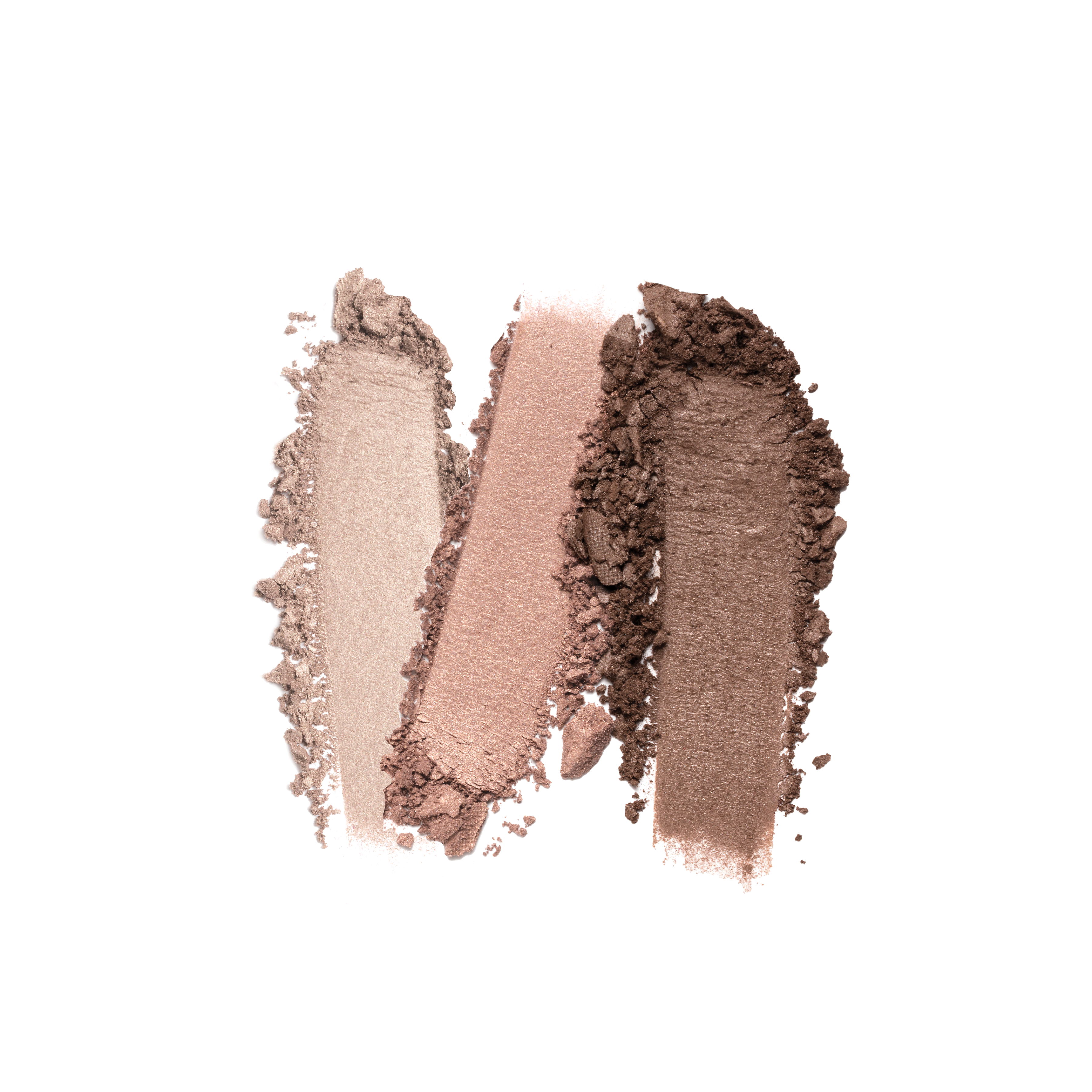 Three eyeshadow swatches in light beige, pink, and dark brown are displayed on a white background, showcasing their textured, powdery finish. Discover effortlessly stunning looks with Shopgalaxyss vegan The Cabana 3-Well Eyeshadow Palette.