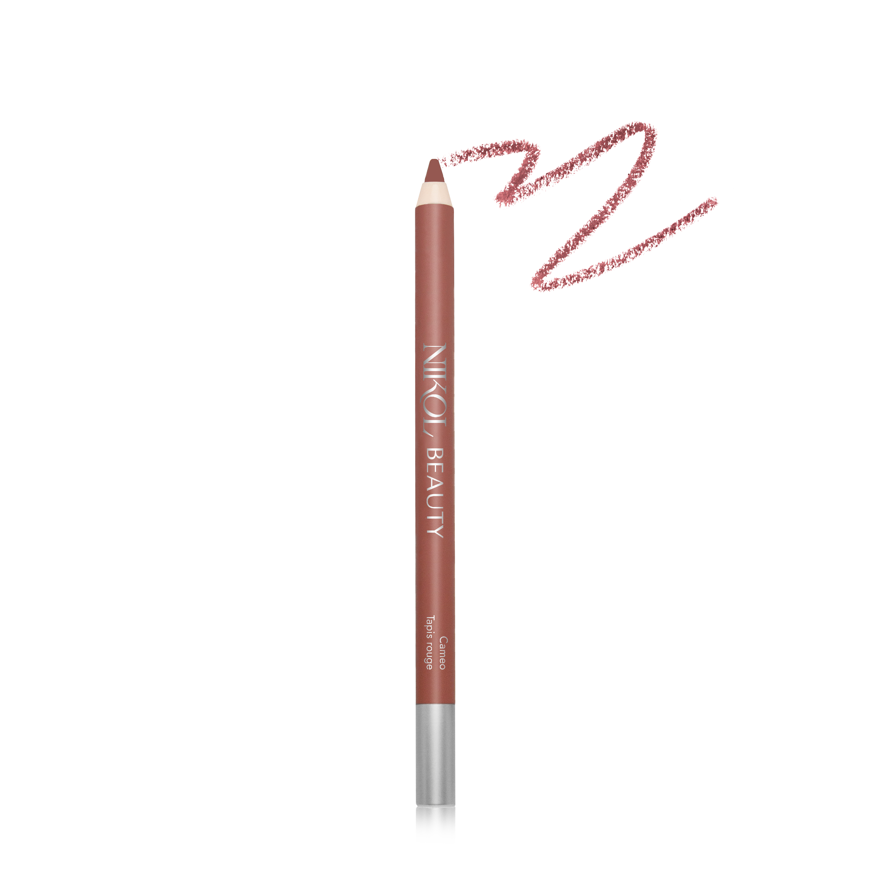 Nikol Beautys WaterProof Lip Liner Pencils feature a vibrant pink hue with a creamy texture, perfect for mature women. It has a silver cap, branding text along its side, and is stunningly highlighted against a black background.