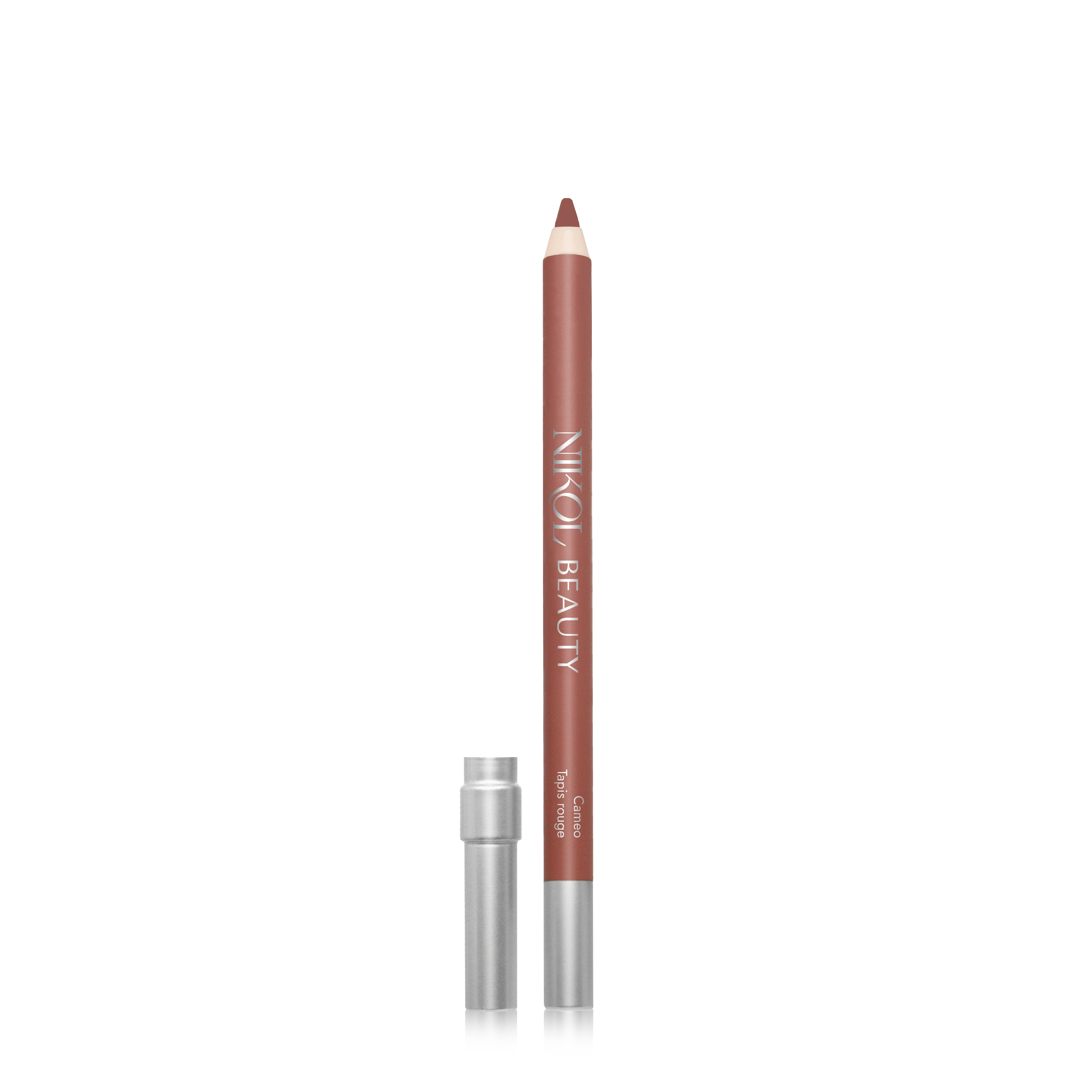 A Shopgalaxys WaterProof Lip Liner Pencil in brown with a silver cap stands vertically against a white background. Ideal for mature women makeup, it features white branding text and is partially sharpened for precision.