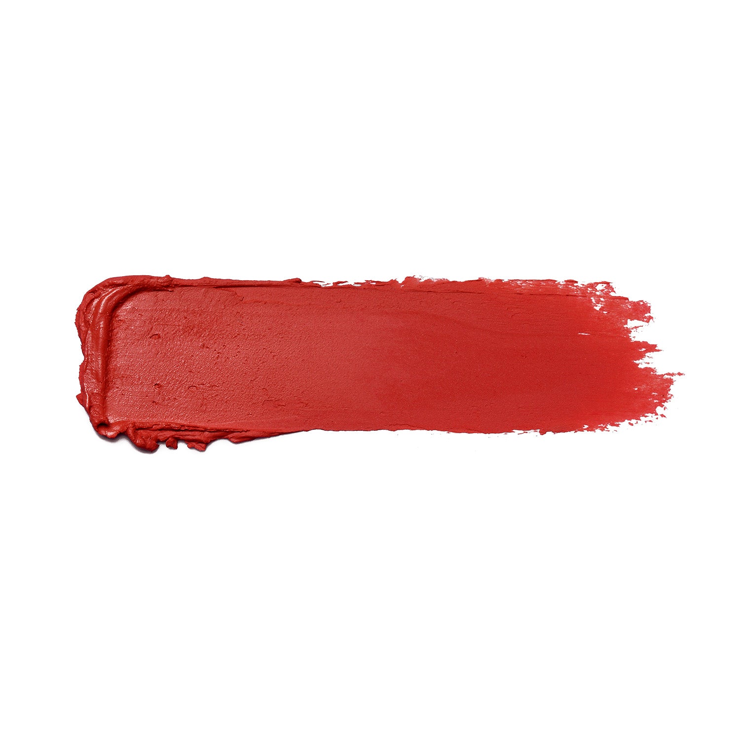 A bold red smear of Confidence Shiny Velvet Cream Lipstick #173 by Shopgalaxys on a white background reveals its ultra-creamy texture, offering smooth application and a feathered edge. Hydrating and perfect for mature lips, it combines rich color with nourishing moisture.