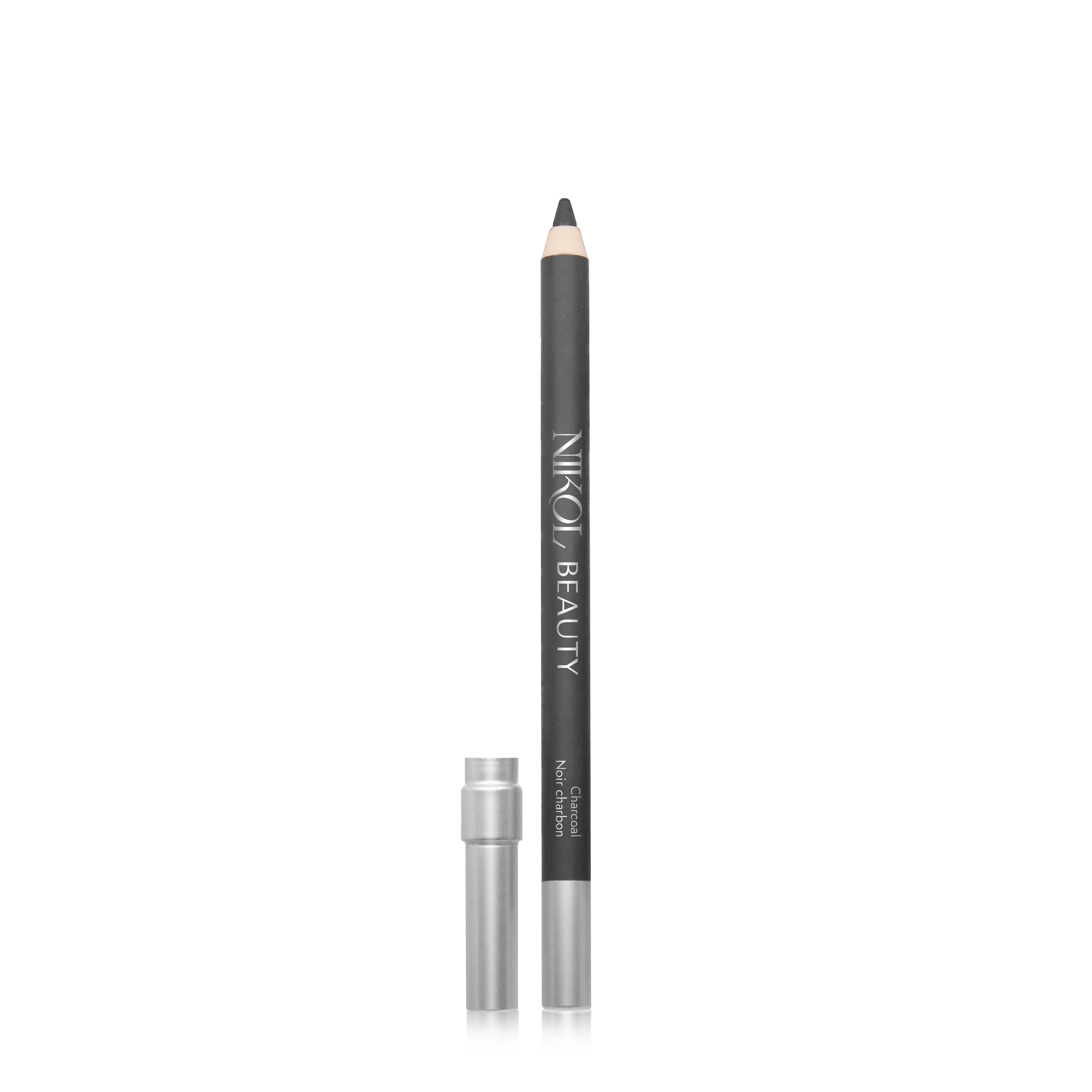 A Shopgalaxys WaterProof Eyeliner Pencil stands vertically with its sharp tip exposed and silver cap placed beside it on the left, against a plain white background. Ideal for mature eyes, it features long-lasting pigments.