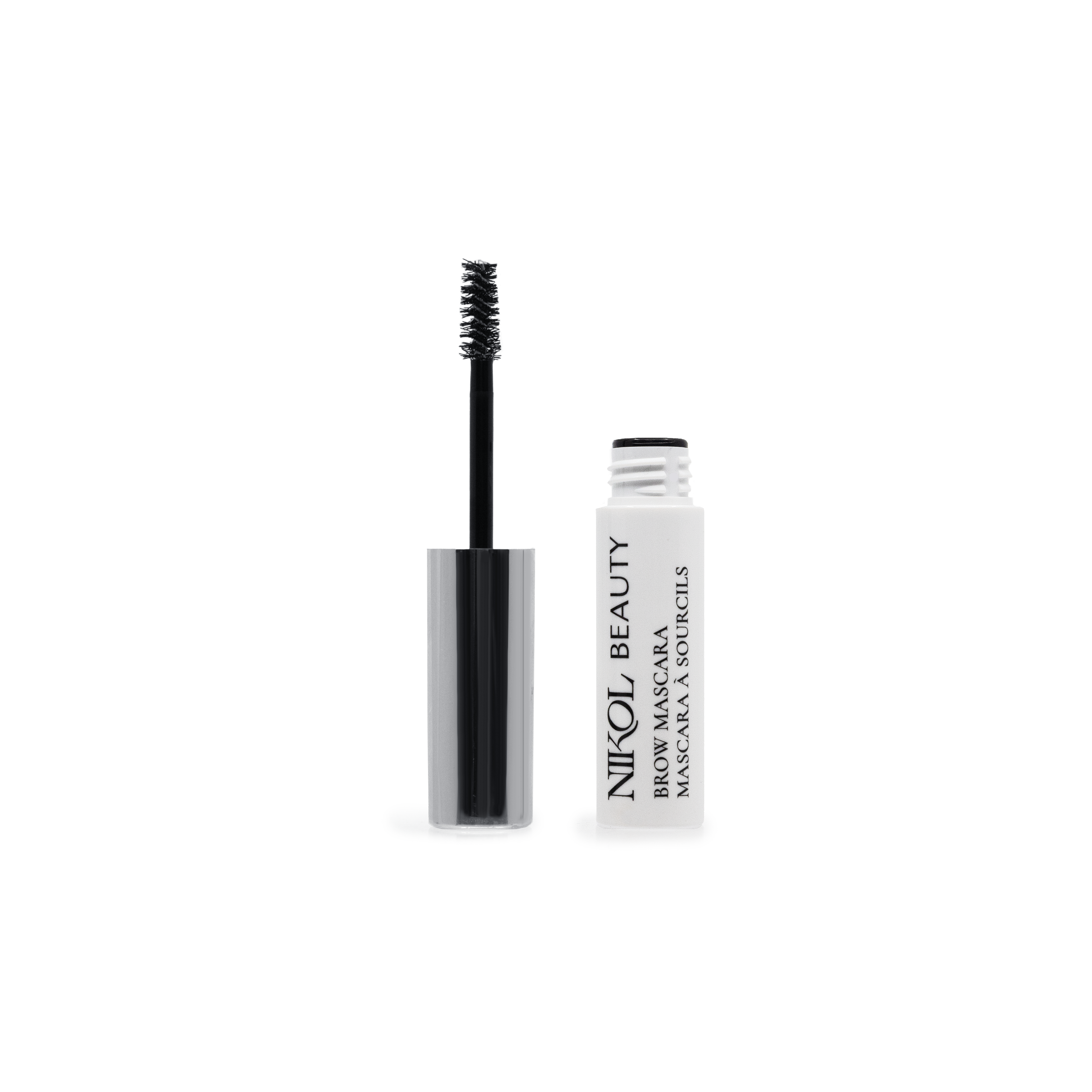 The silver-capped mascara tube lies left with its wand extended. Next to it is a white container labeled Shopgalaxys Brow Mascara, featuring a high pigment formula for defined eyebrows. Set against a white background, it aims to enhance your brow game.