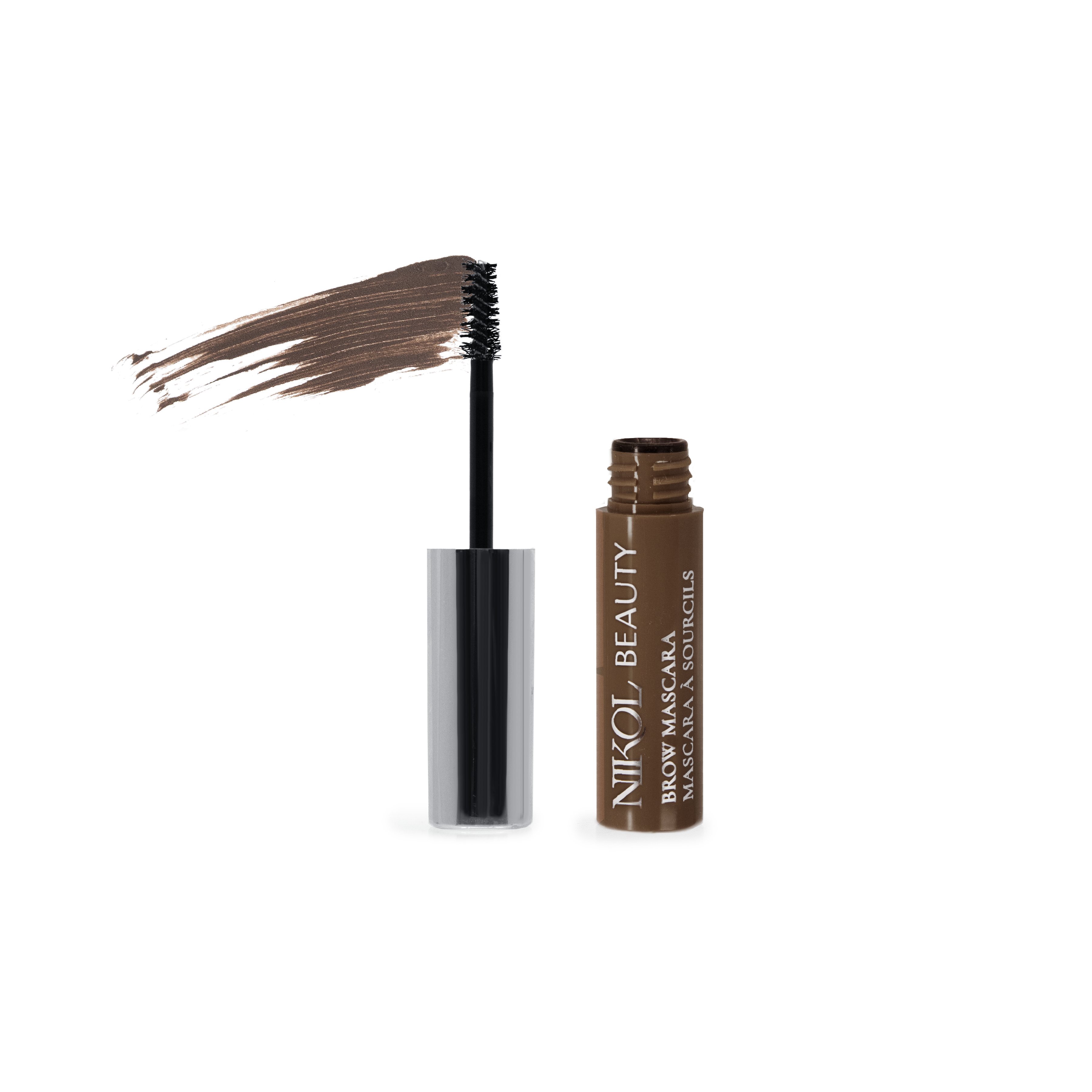 A black-brushed open tube of Shopgalaxyss high-pigment Brow Mascara shows rich brown on its bristles. The tube, with Brow Mascara in white text on a brown background, stands upright on a white surface, promising perfectly defined eyebrows.