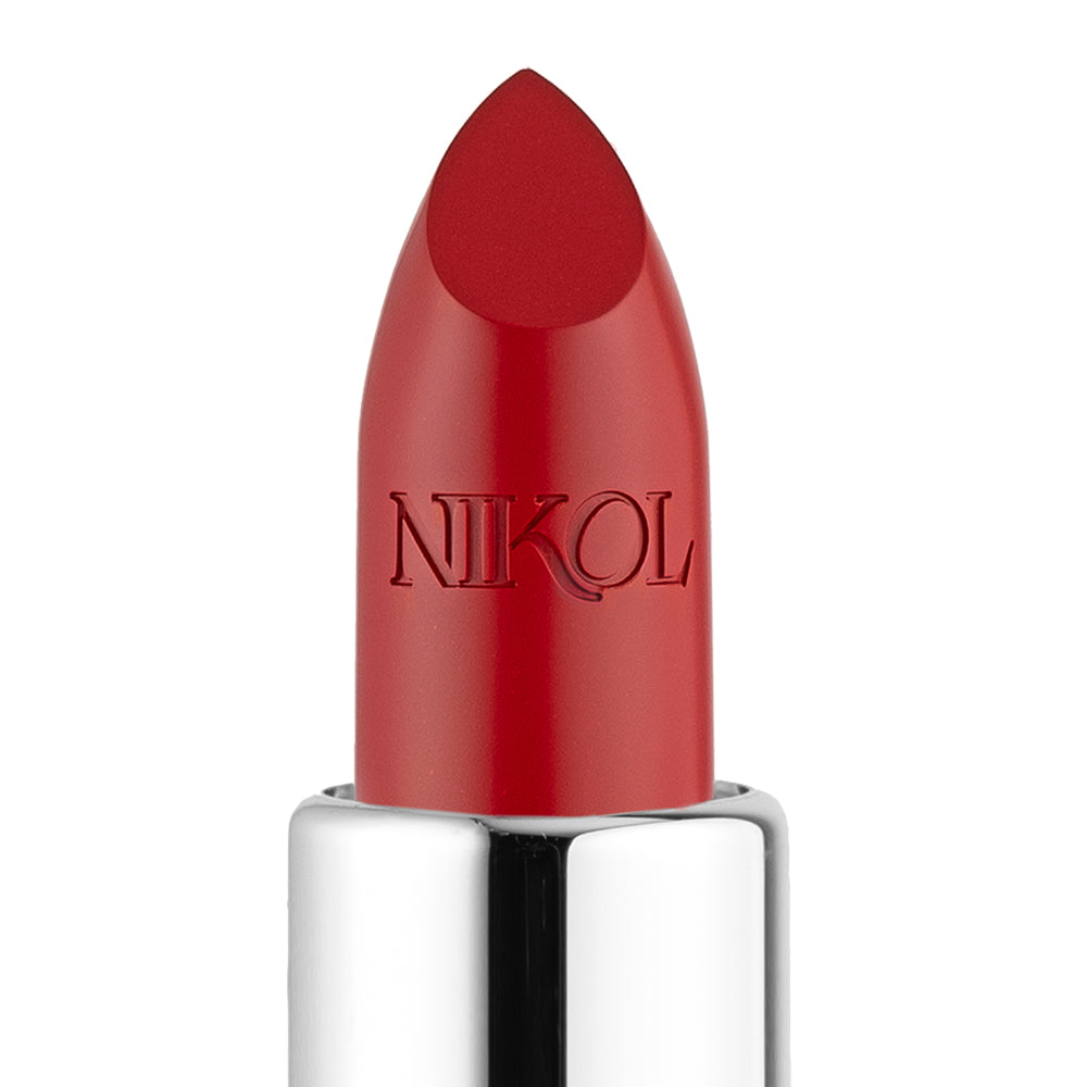 A close-up of the Confidence Shiny Velvet Cream Lipstick #173 by Shopgalaxys, featuring a smooth, angled tip and ultra-creamy texture. Embossed with NIKOL, it sits in a shiny silver tube on a plain white background, highlighting its hydrating impact for mature lips.