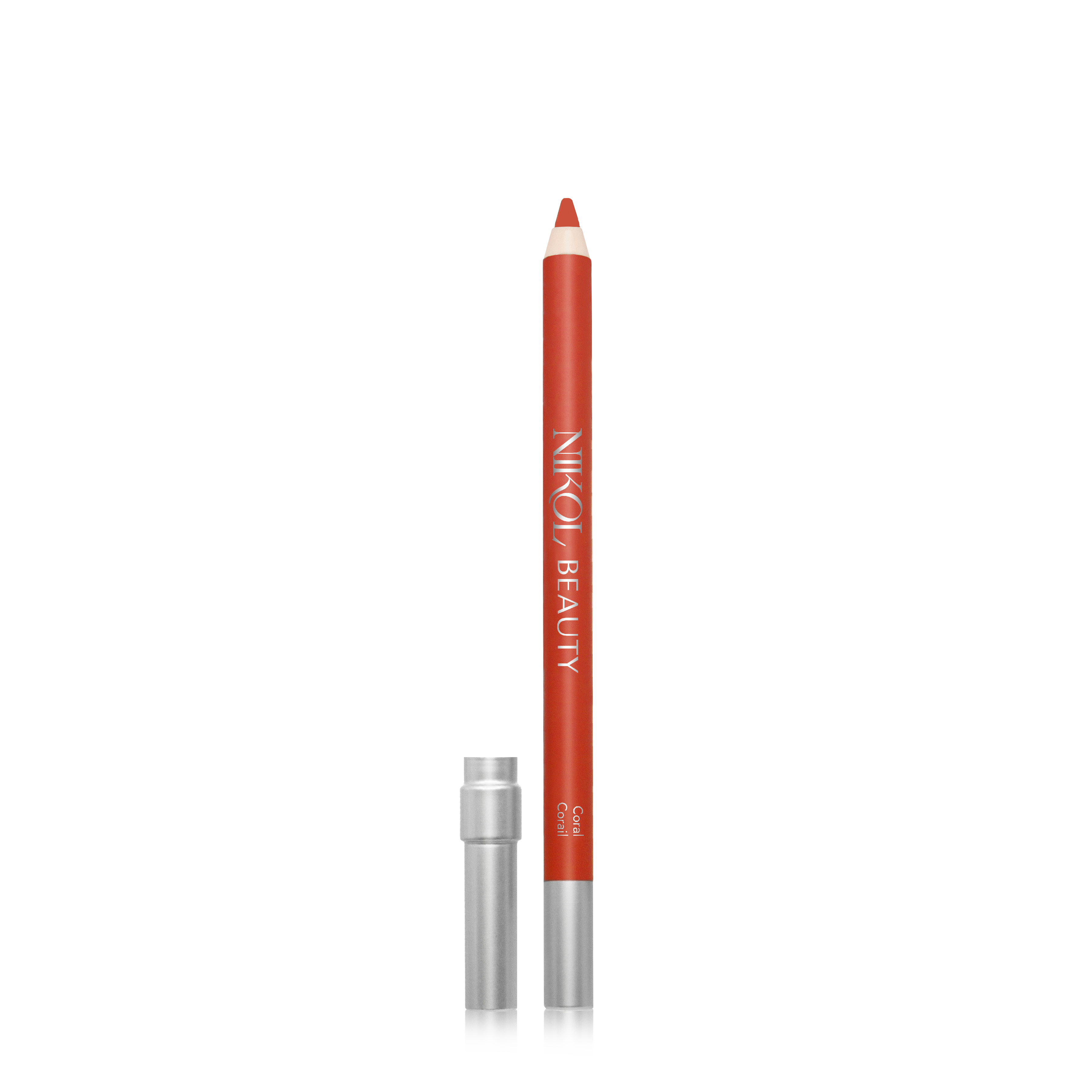 A WaterProof Lip Liner Pencil from Shopgalaxys, with NIKO BEAUTY on the side, stands upright. The red lip liners tip is exposed and sharpened, and a silver cap lies beside it, all set against a plain white background.