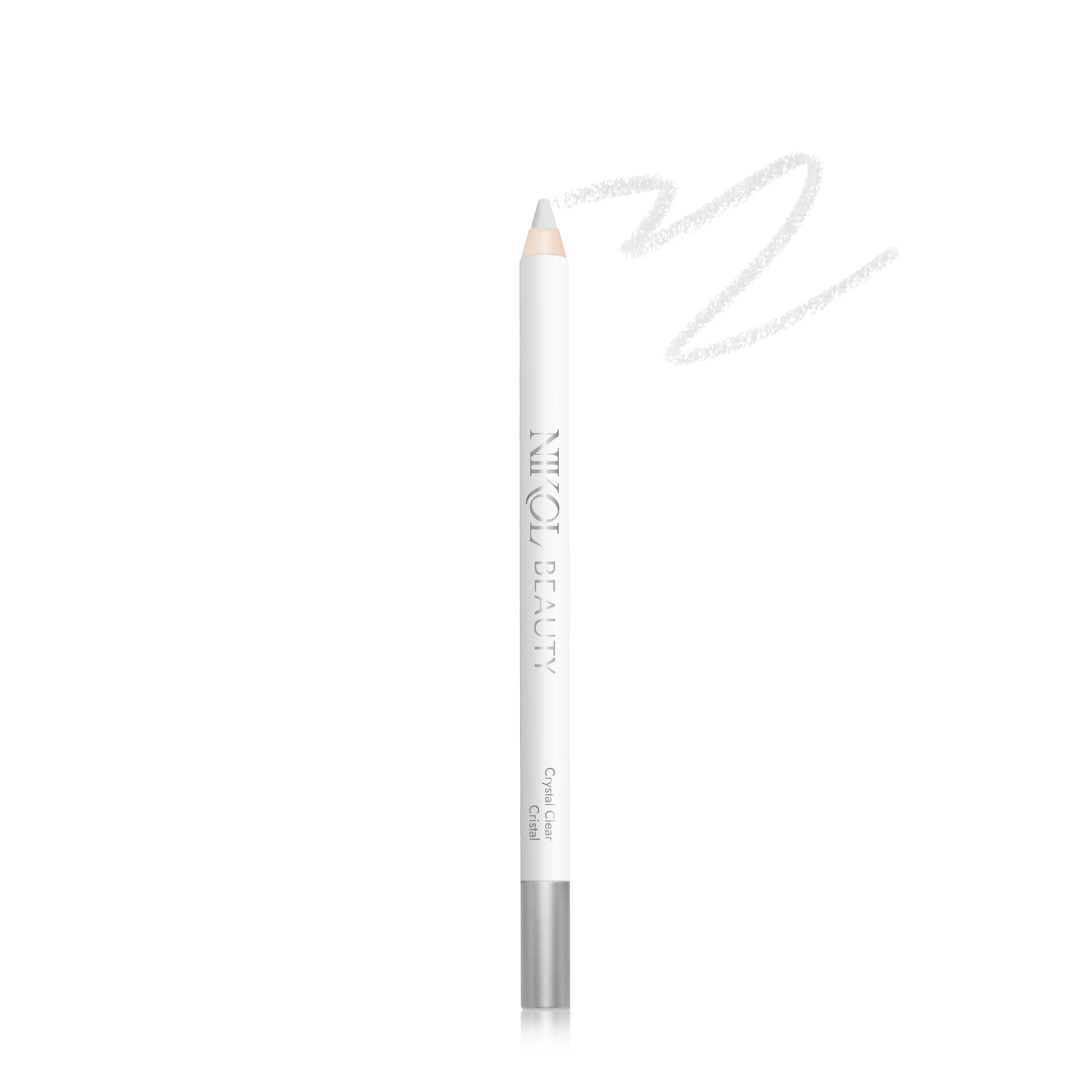Nikol Beautys Crystal Clear Invisible Water-Proof Lip Liner features a sharpened white pencil with a silver cap and text. A wavy line on the black background enhances the intrigue of this cruelty-free product.