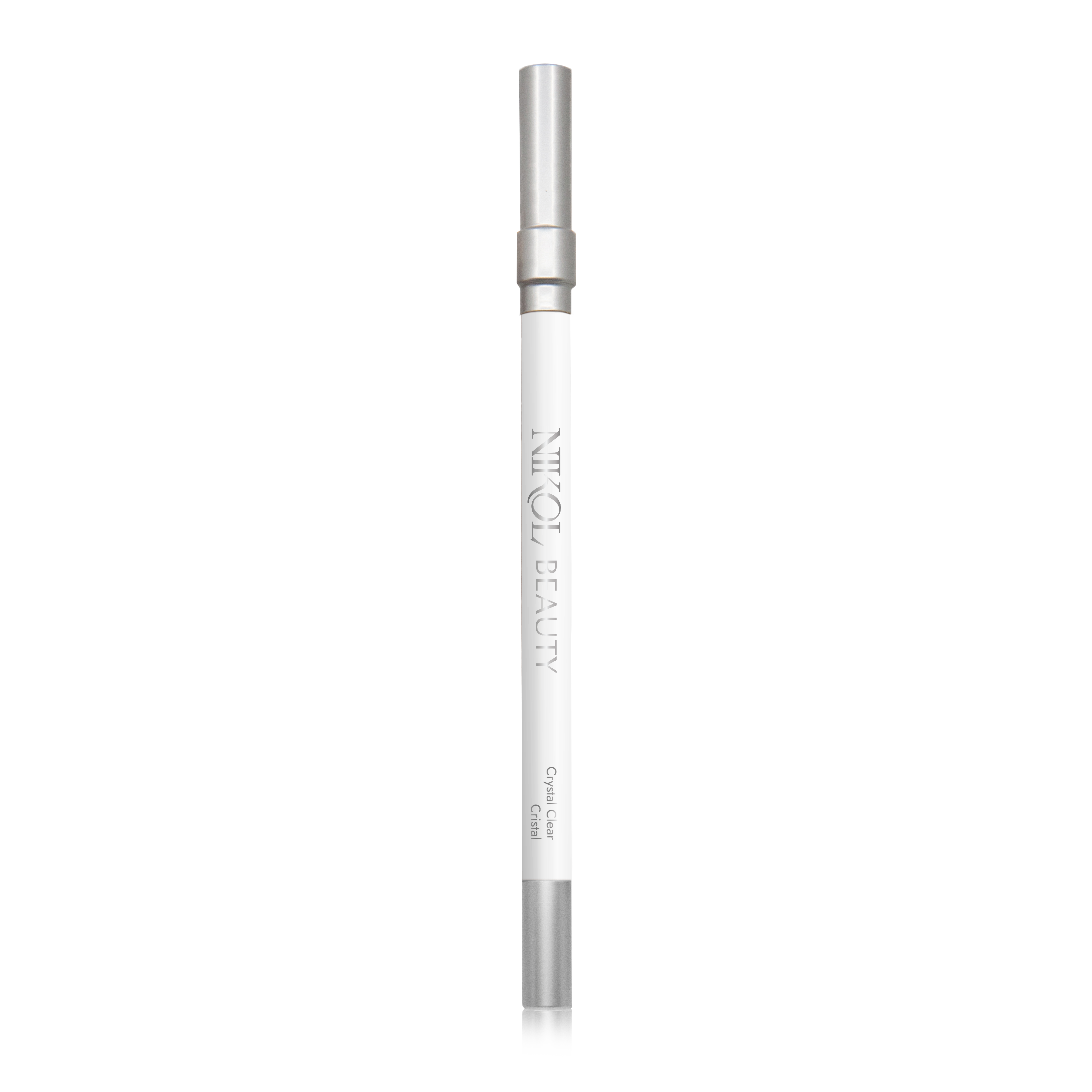 The Crystal Clear Invisible Water-Proof Lip Liner by Shopgalaxys is a minimalist white and silver pencil with AMYO on the side, featuring a cap, and known for its sleek design as a cruelty-free product.