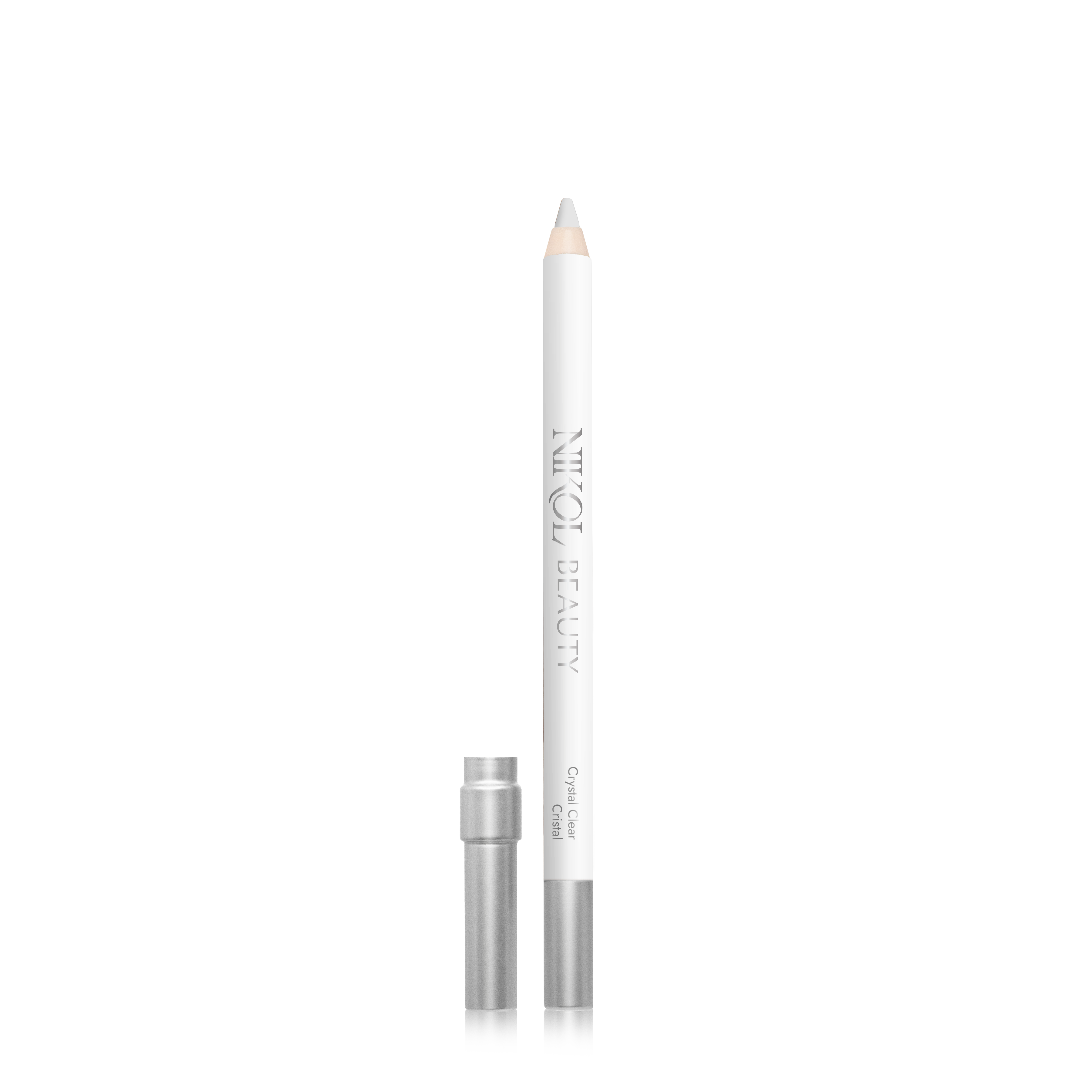 A cruelty-free white cosmetic pencil with a transparent cap off stands upright, showcasing Shopgalaxys and Crystal Clear Invisible Water-Proof Lip Liner in silver print. Perfect as a universal lip liner, it sits against a plain white backdrop.