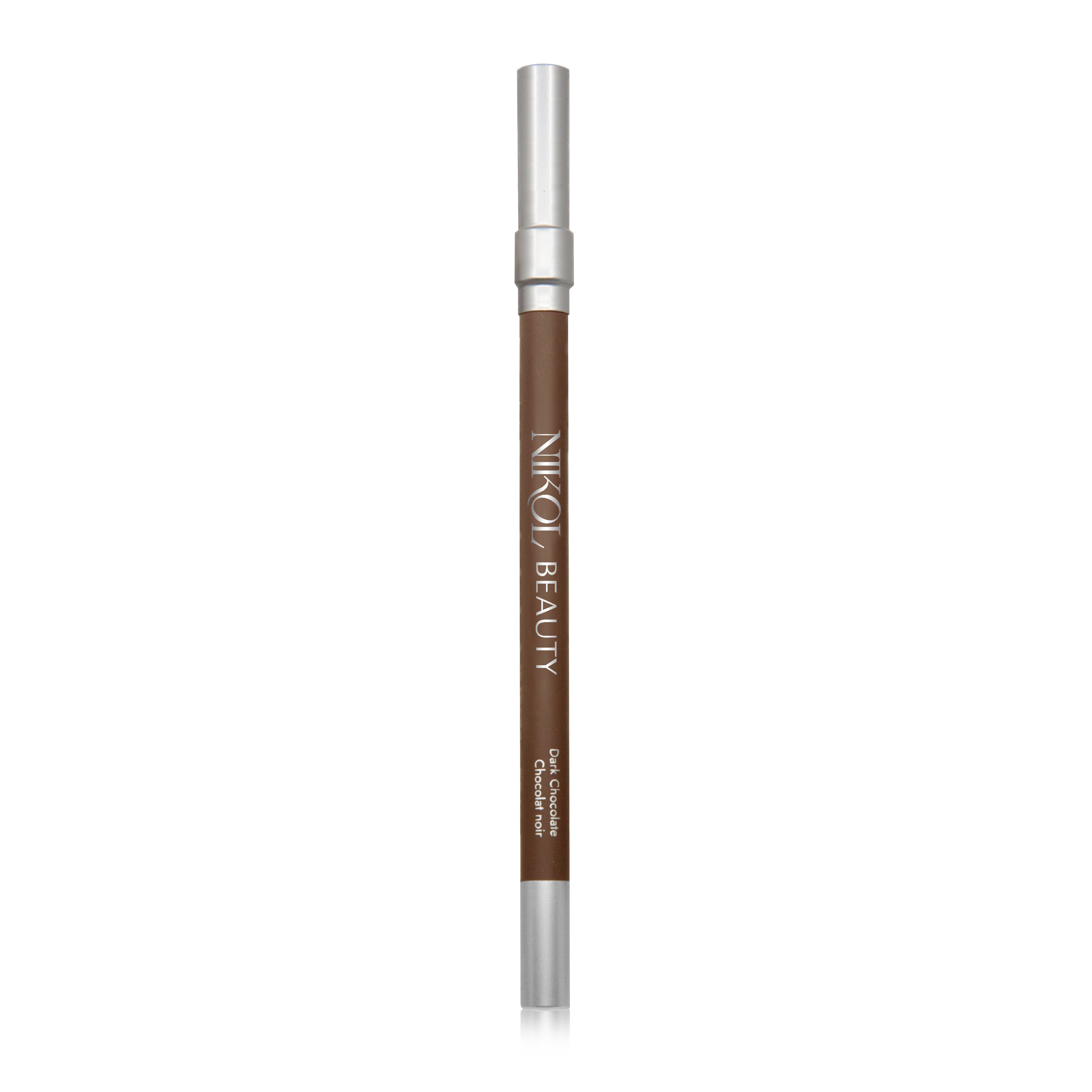 Against a white backdrop stands a brown WaterProof Eyeliner Pencil by Shopgalaxys, featuring silver caps. Designed for shaping and filling eyebrows with high pigments, it delivers long-lasting definition, ideal for mature eyes seeking a polished look.