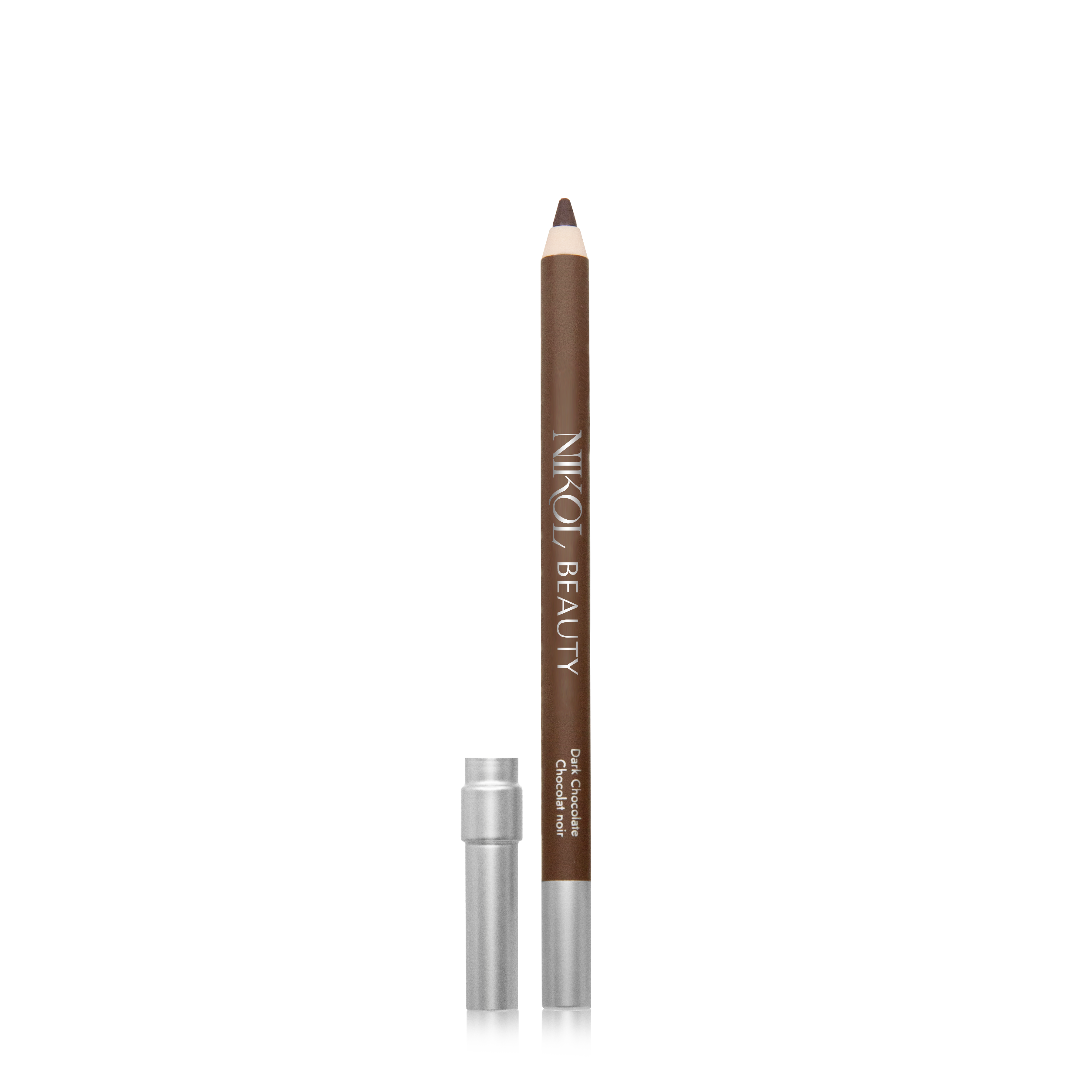 The WaterProof Eyeliner Pencil by Shopgalaxys, ideal for mature eyes, features high pigments and a long-lasting effect. This brown pencil has a pointed tip and is displayed against a white background, with its translucent silver cap beside it.