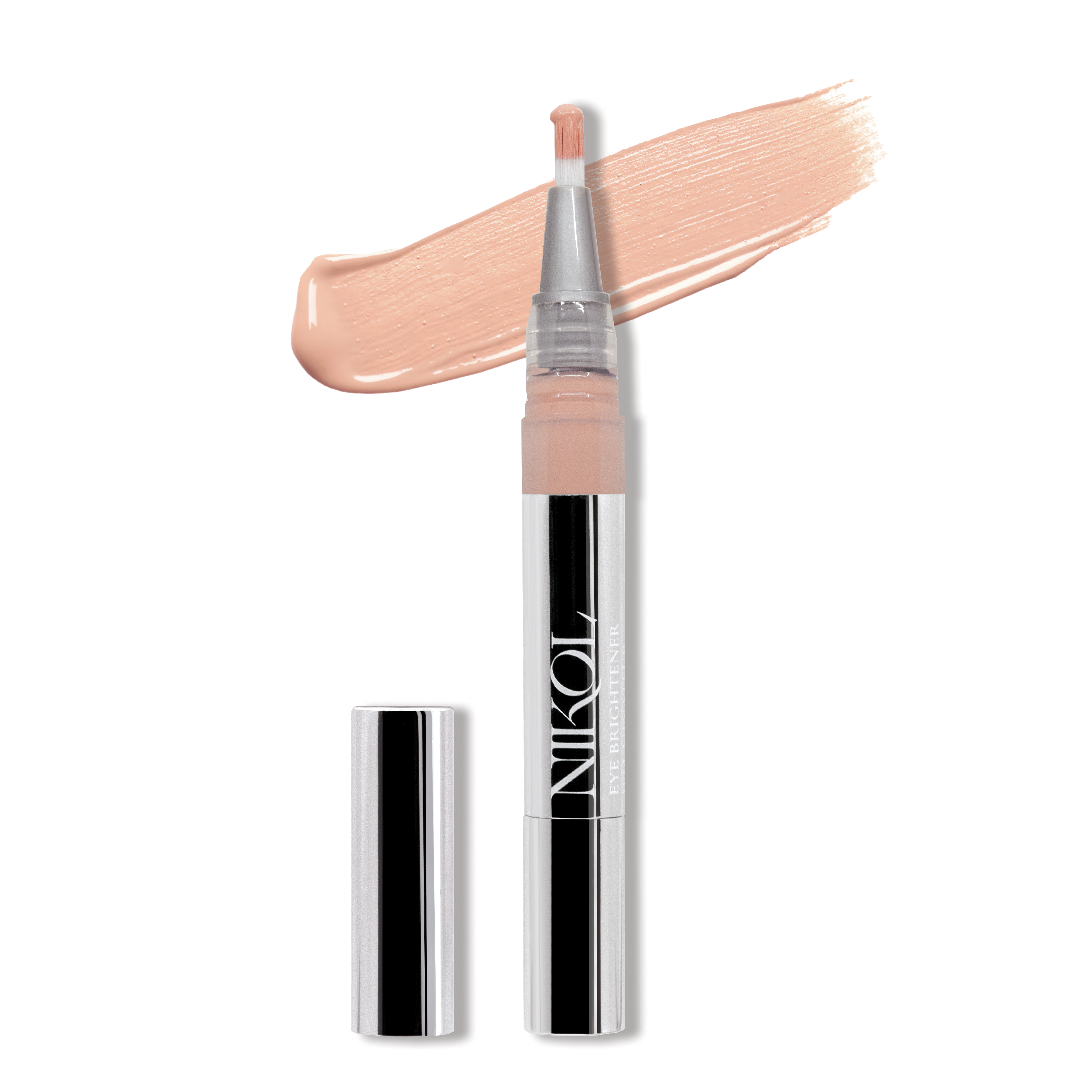 The Eye Brightener pen by Shopgalaxys, uncapped and vertical, showcases a clear and silver design with an eye brightener formula. Nearby is a light pink concealer swatch. The pen, enhanced with Chamomile Flower Water, prominently displays the brand name on its body.