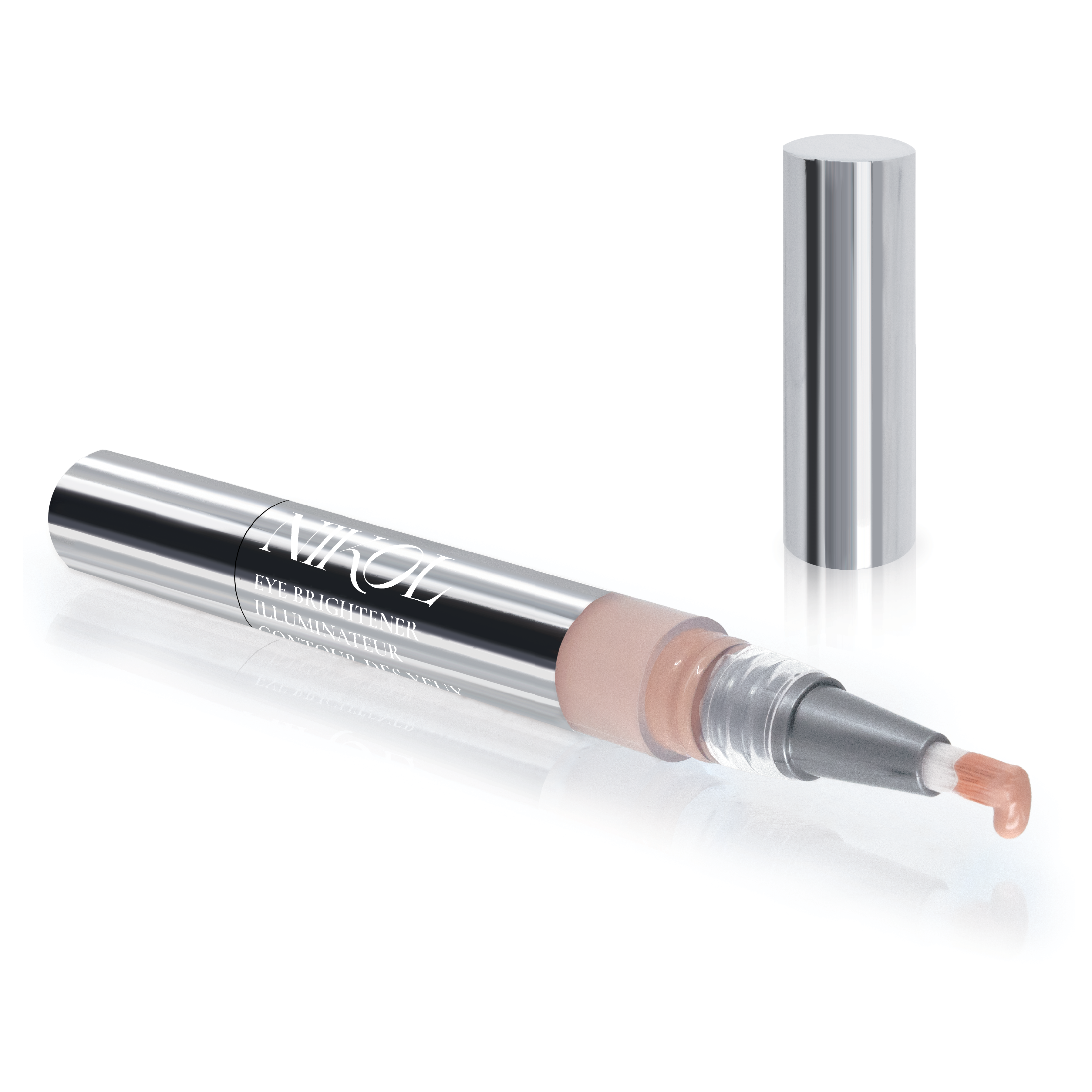 The Shopgalaxys Eye Brightener is a sleek, silver pen-style applicator with a transparent section revealing the nude-tone product. Remove the cap to uncover the brush tip coated with brightener, enhanced with Chamomile Flower Water for gentle application.