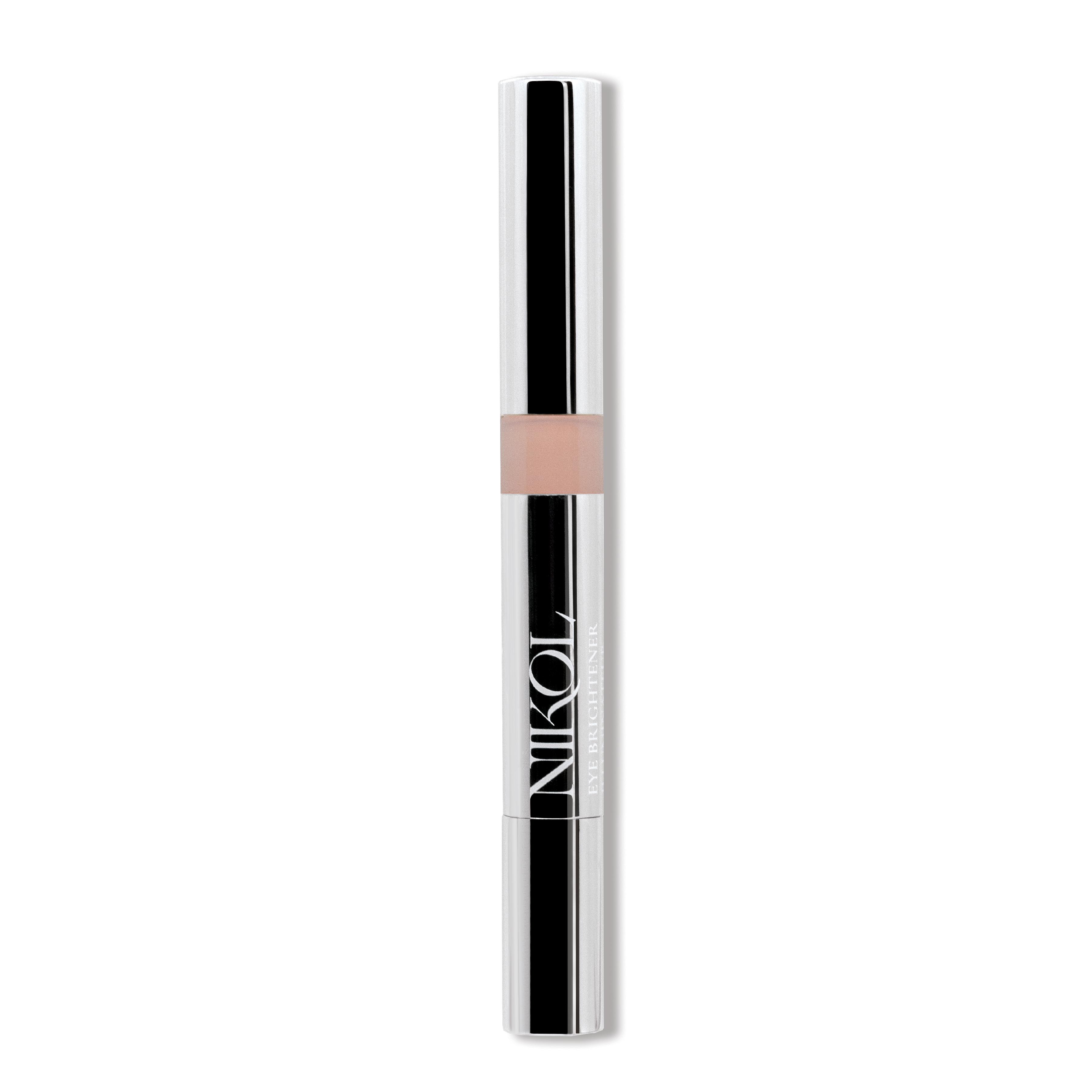 A sleek, silver cylindrical eye brightener from Shopgalaxys features a clear section displaying a light beige shade. Nikol is printed in white letters, and it is infused with chamomile flower water for a soothing application.