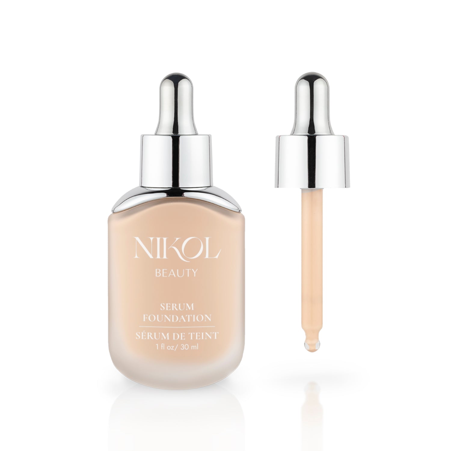 A bottle of Shopgalaxyss Serum Foundation, equipped with a shiny silver dropper, exemplifies clean beauty. Displaying a light beige hue and labeled with the brand name, the dropper offers customizable coverage in this stunning foundation shade.