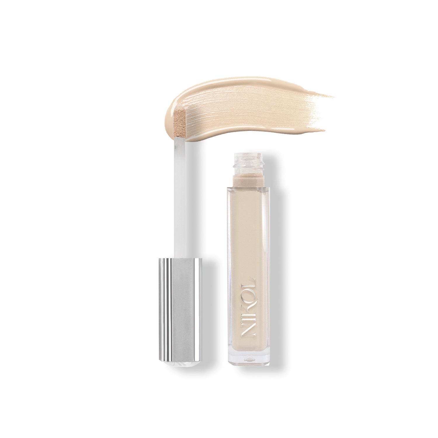 A tube of light beige Creamy Concealer with a sleek silver cap by Shopgalaxys is open, displaying a wand applicator. A swatch shows its high-coverage, creamy texture. Embodying clean beauty principles, Nikol is elegantly embossed on the side of this must-have product.