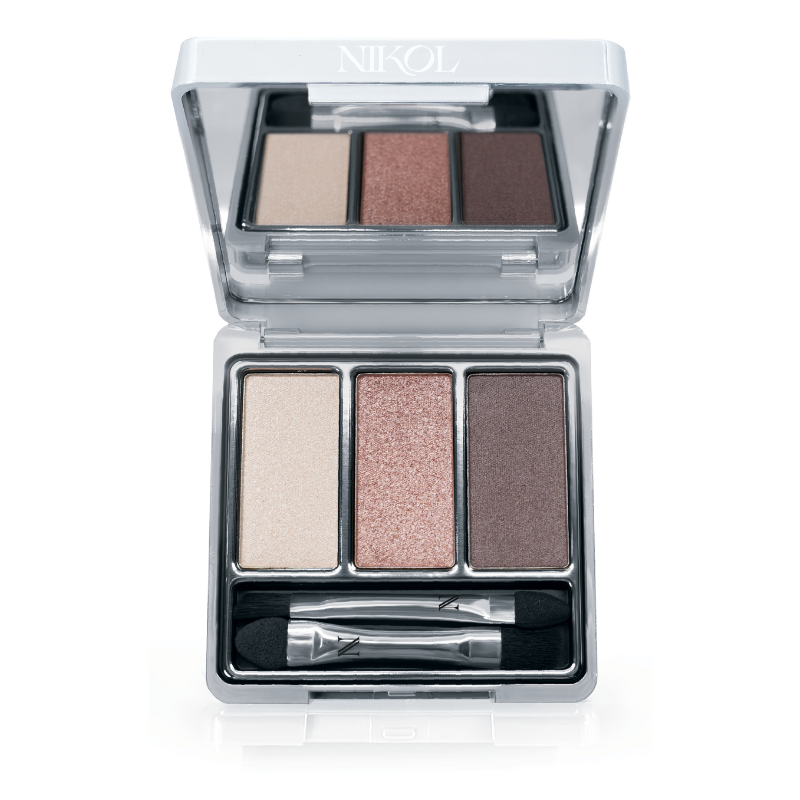 Open the Fresh Beauty 3-Well Eyeshadow Palette by Shopgalaxys, showcasing three shades: light beige, shimmering copper, and dark brown. It features a dual-ended applicator for easy use and a vegan formula with long-lasting colors.
