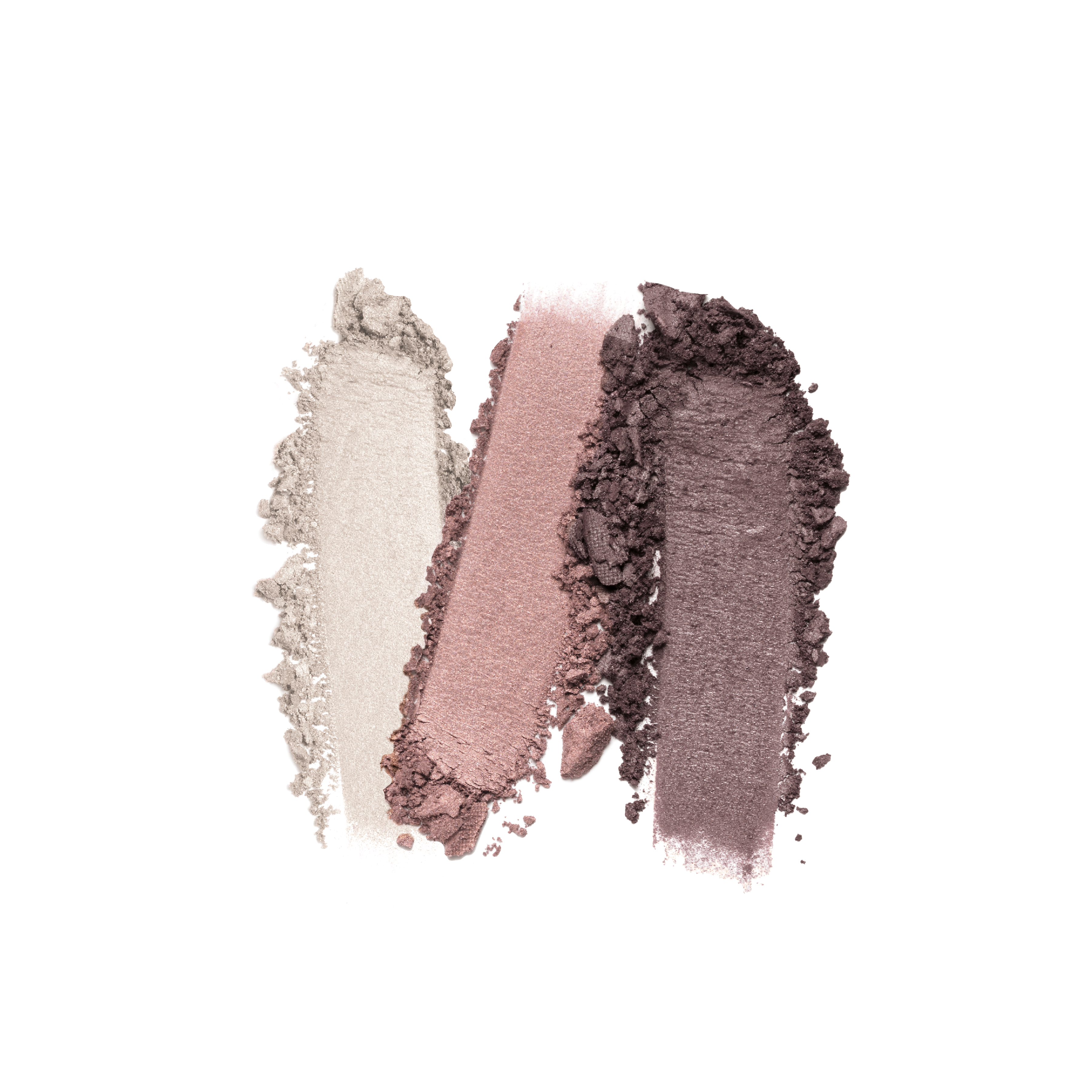 Three swatches from the Shopgalaxys Fresh Beauty 3-Well Eyeshadow Palette in silver, pink, and dark purple are lined up on a white background. The soft, velvety textures offer long-wearing colors with a vegan formula for lasting beauty.