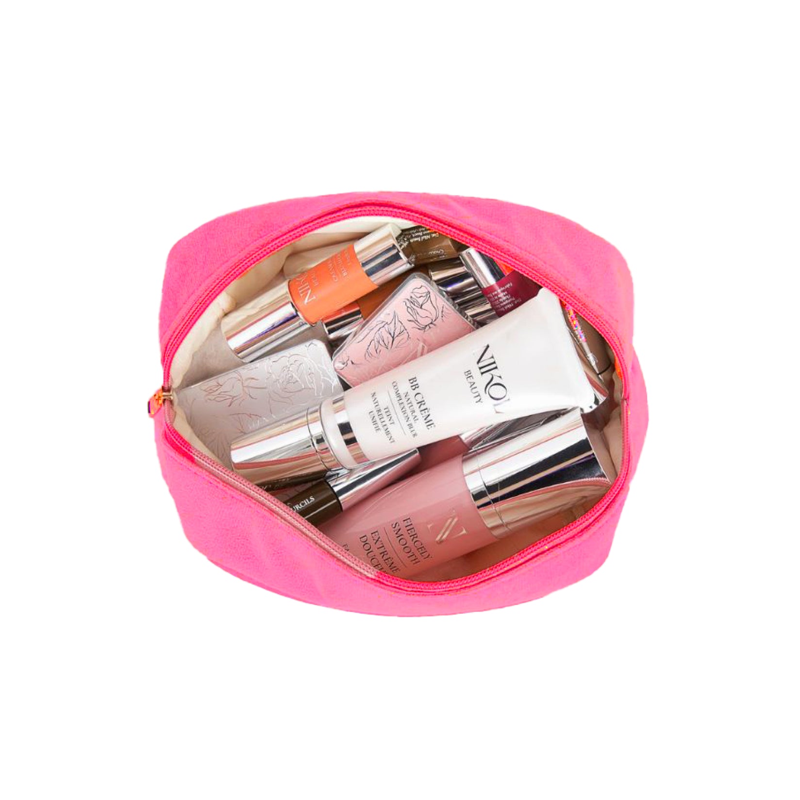 The Holiday Pink Velvet Makeup Bag from Shopgalaxys holds multiple skincare and cosmetic items with silver caps and pastel labels, making it a luxurious beauty accessory.