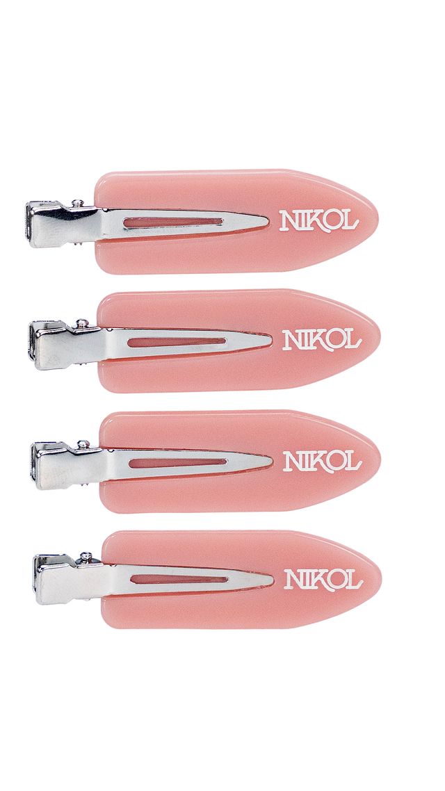 Four Shopgalaxys NO-CREASE BEAUTY CLIPS with silver clasps and the white NIKOL logo are neatly arranged in a vertical row against a white background—a must-have for glam time.