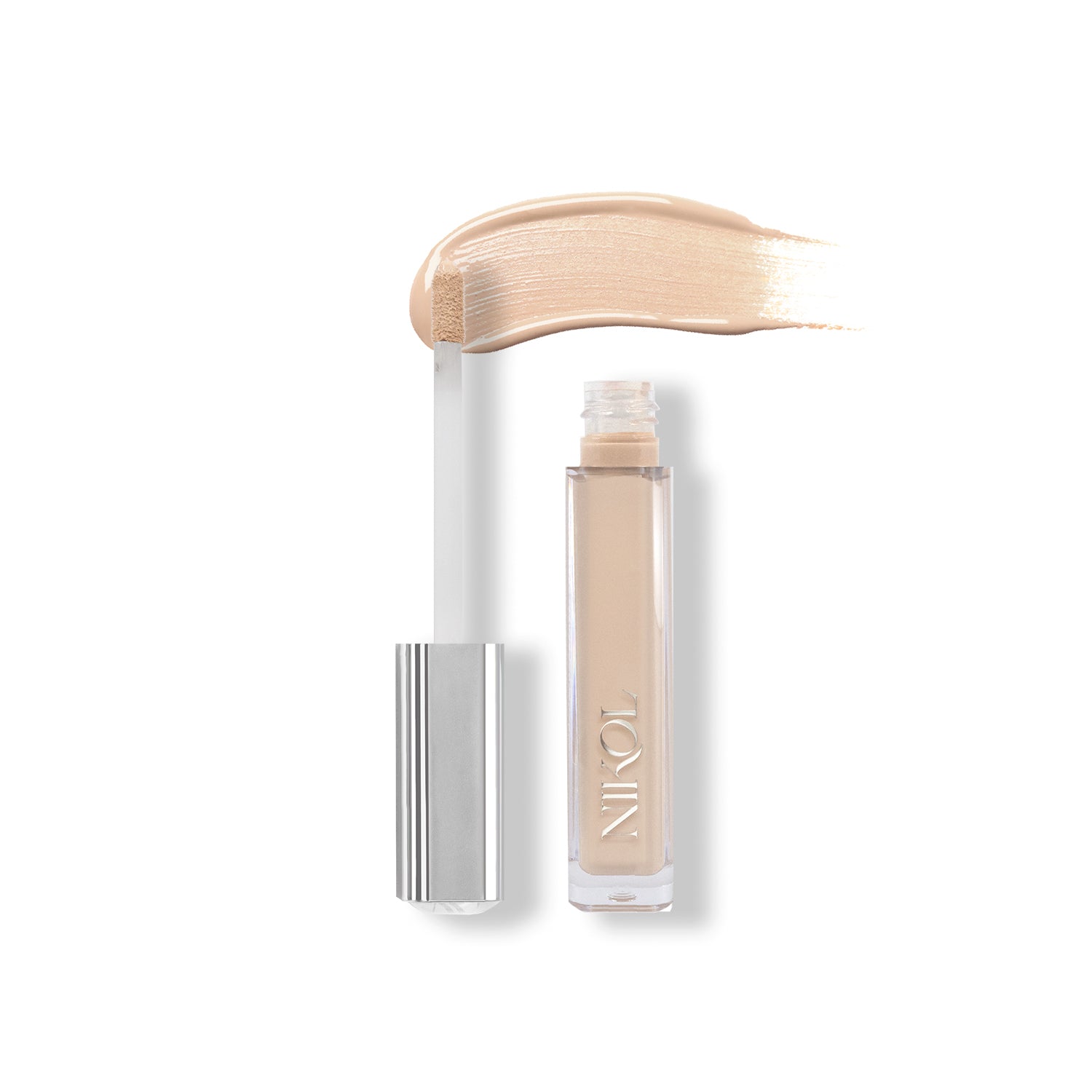 The Shopgalaxys Creamy Concealer features a high-coverage beige liquid visible beside its open tube, complete with a wand and silver cap.