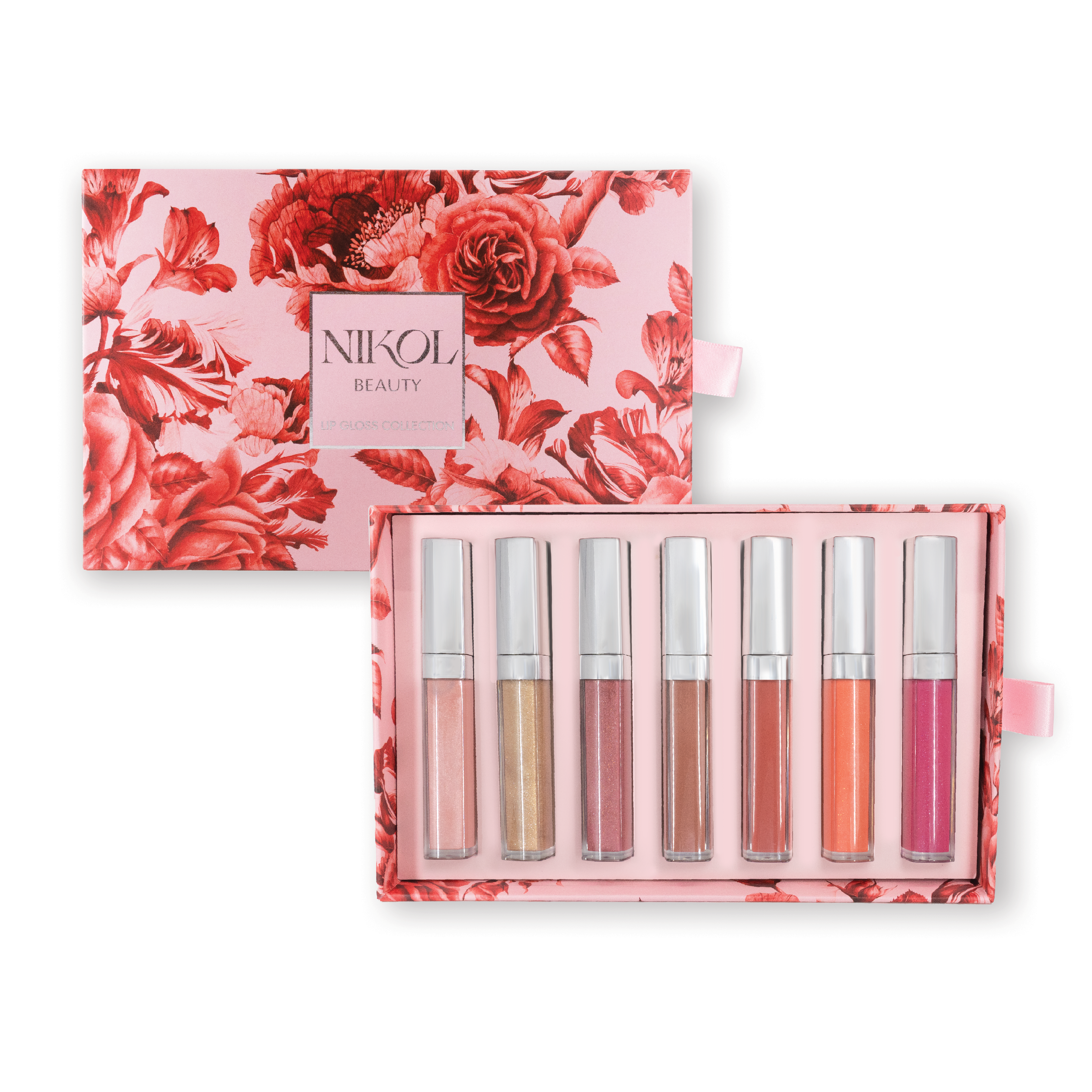 Nikol Beautys Lip Gloss Collection is a luxurious gift set of seven volumizing lip glosses. Housed in a floral pink box with red roses, the shades range from light beige to bright pink and coral, each topped with shiny silver caps.
